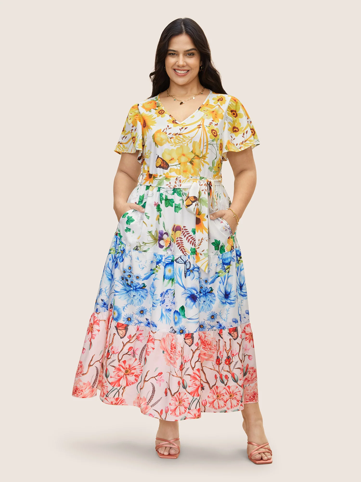 Floral & Butterfly Contrast Ruffle Layered Hem Dress - Image 3