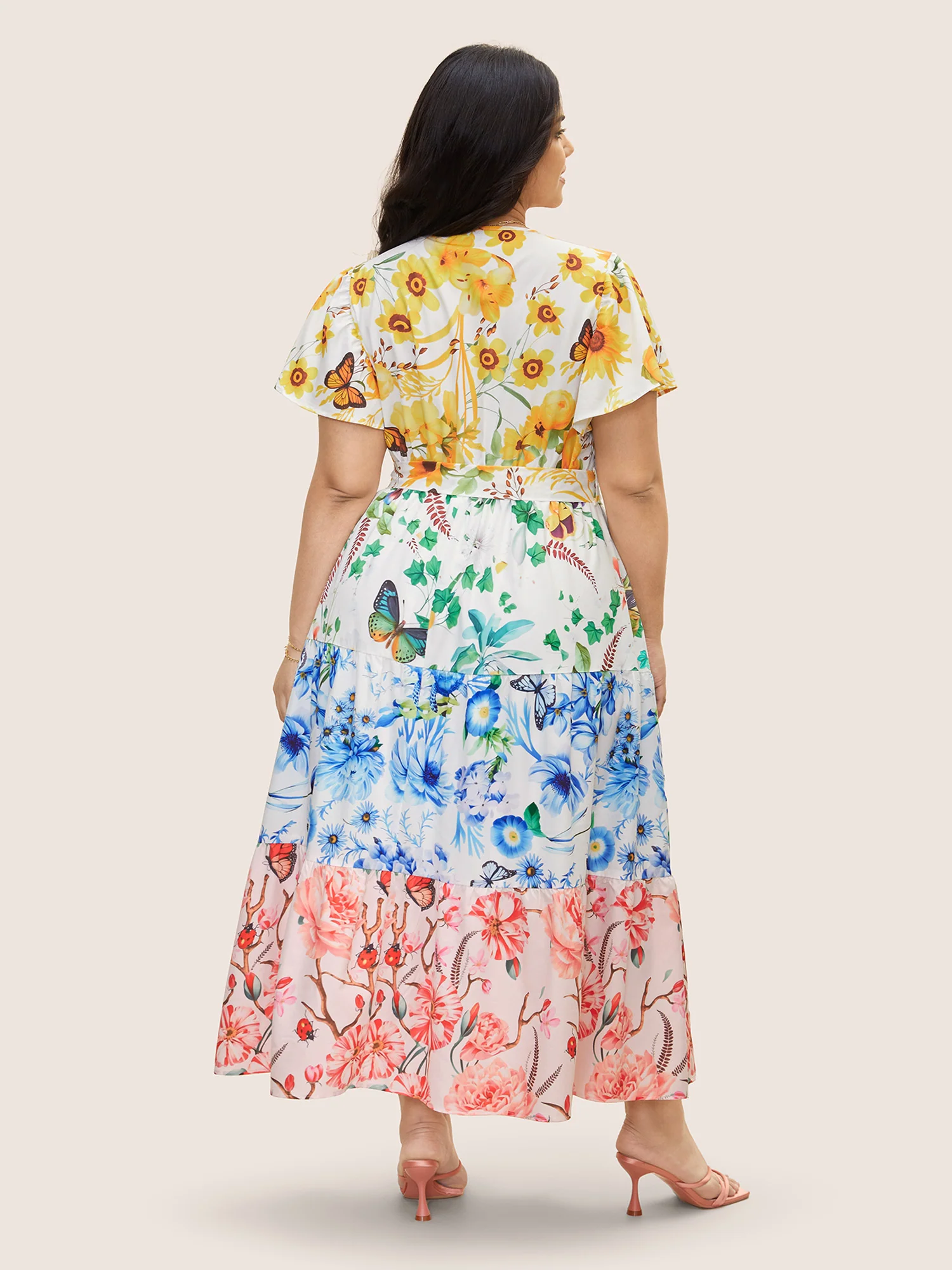 Floral & Butterfly Contrast Ruffle Layered Hem Dress - Image 4