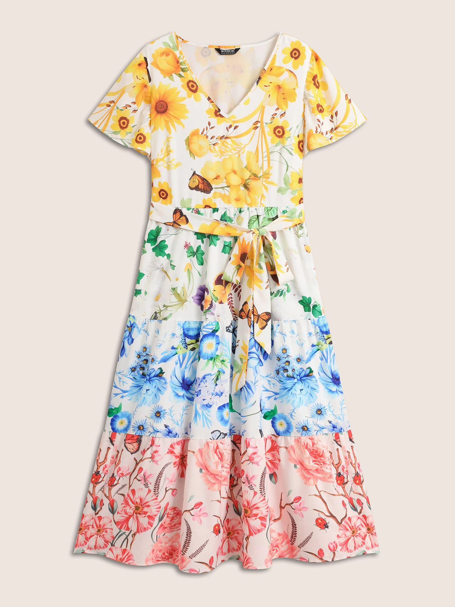 Floral & Butterfly Contrast Ruffle Layered Hem Dress - Image 7