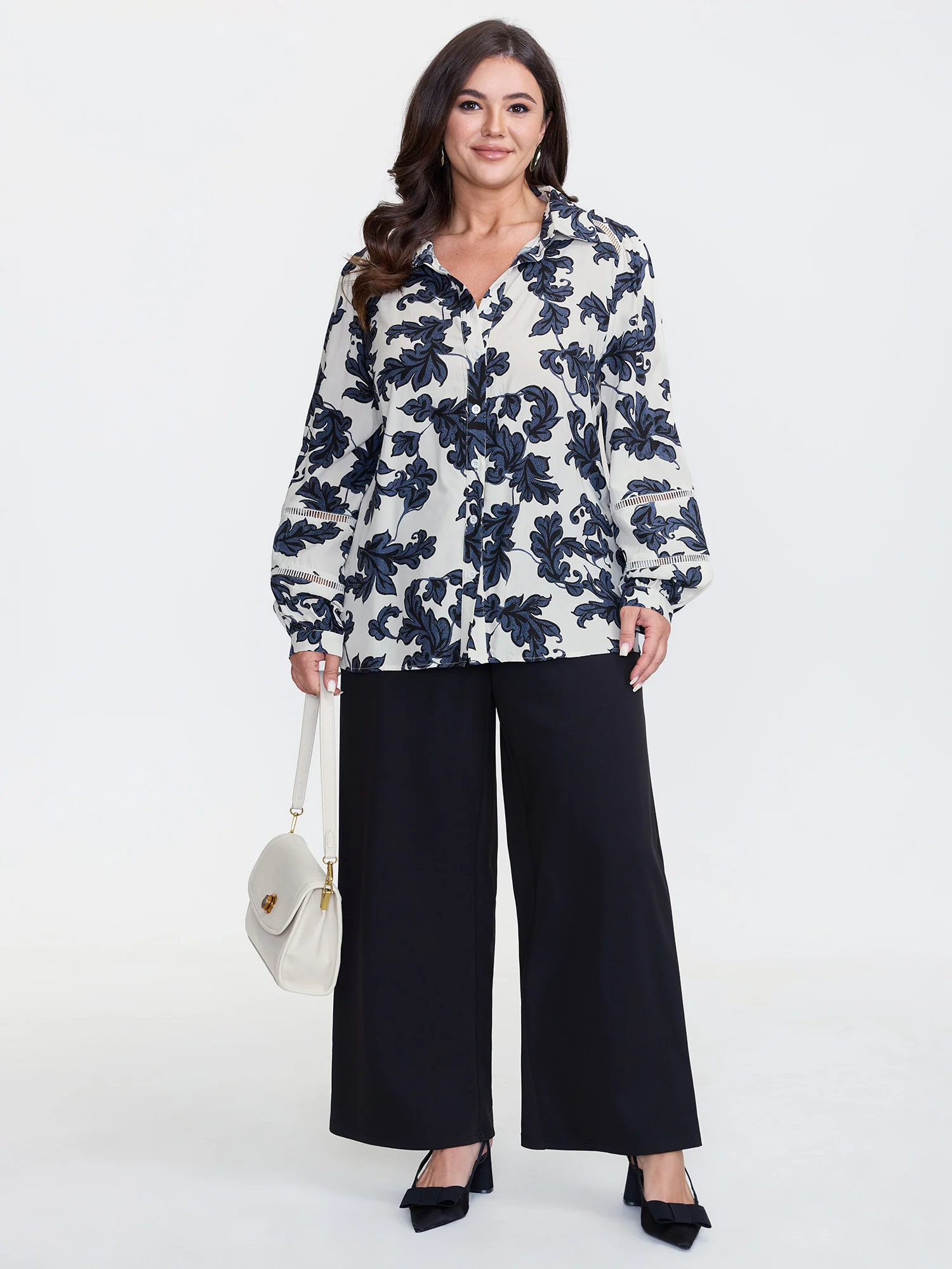 Floral Button Front Lace Relaxed Fit Blouse - Image 2