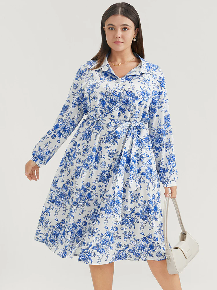 Floral Button Up Pocket Belted Lapel Collar Dress - Image 3
