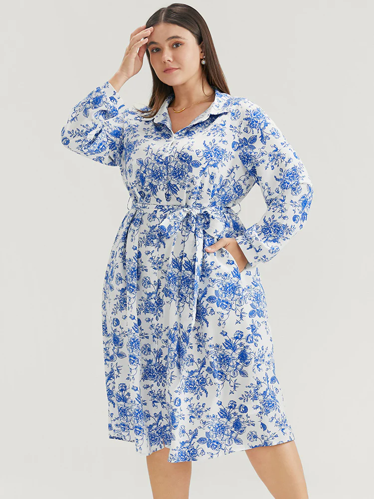 Floral Button Up Pocket Belted Lapel Collar Dress - Image 4