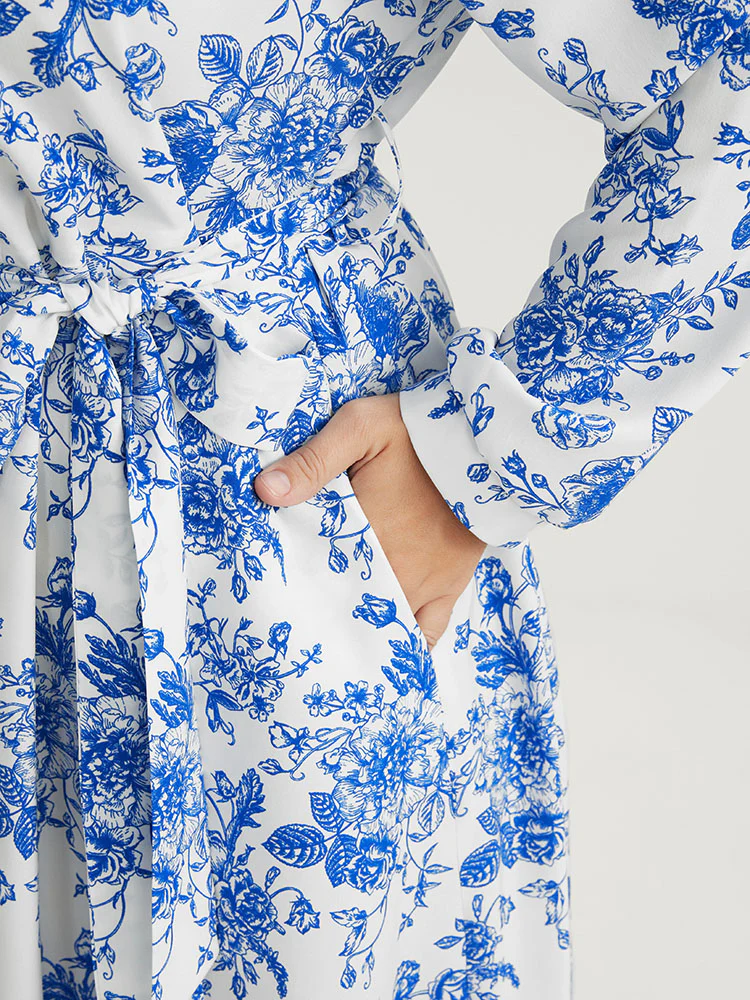 Floral Button Up Pocket Belted Lapel Collar Dress - Image 5