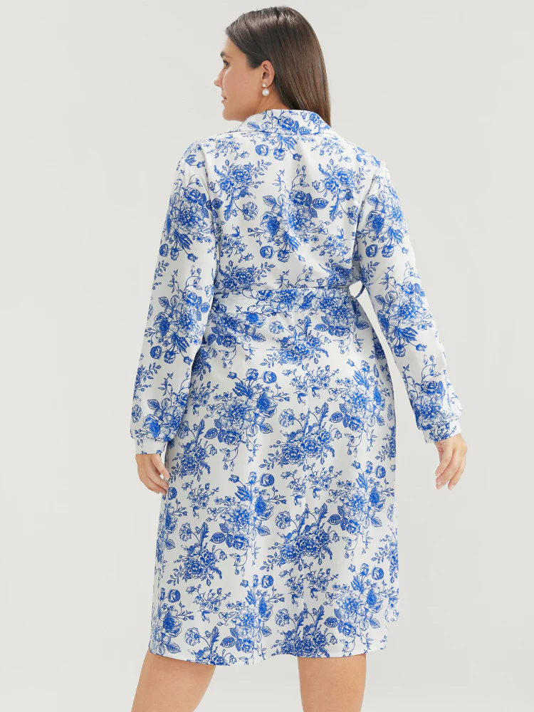 Floral Button Up Pocket Belted Lapel Collar Dress - Image 7