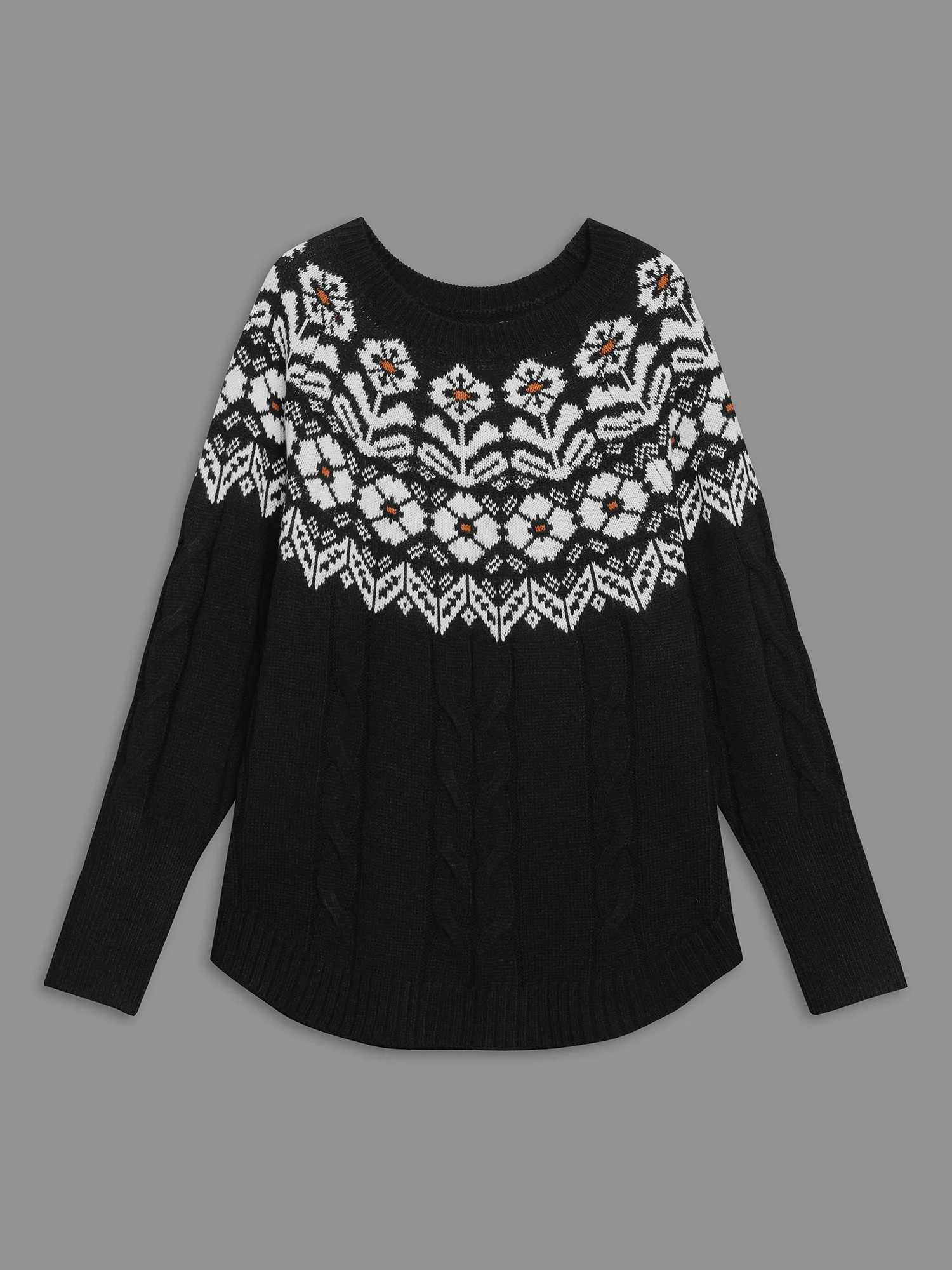 Floral Cable Knit Curved Hem Pullover - Image 8