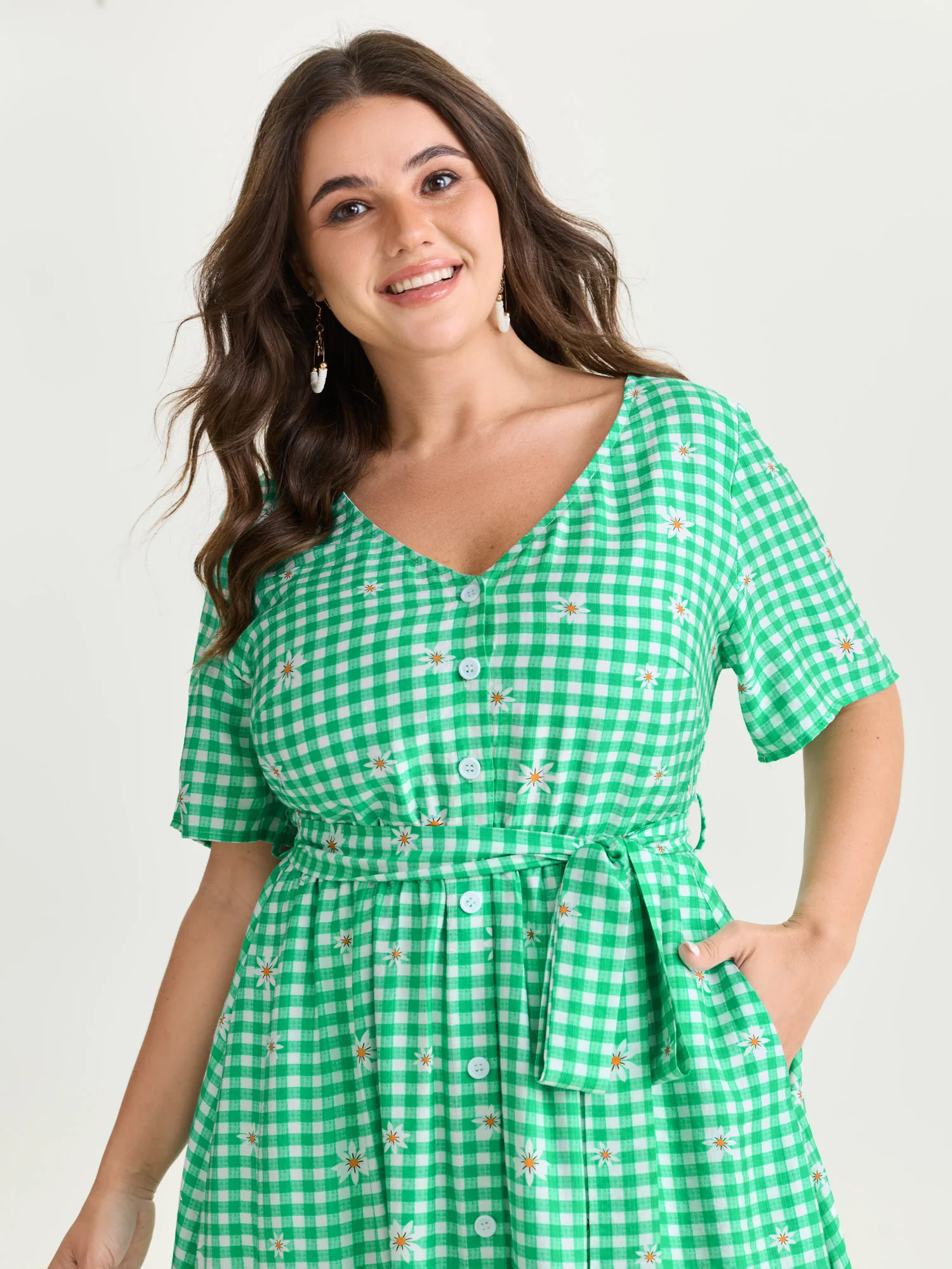 Floral Check Print Waist-Tie Midi Dress - Image 2