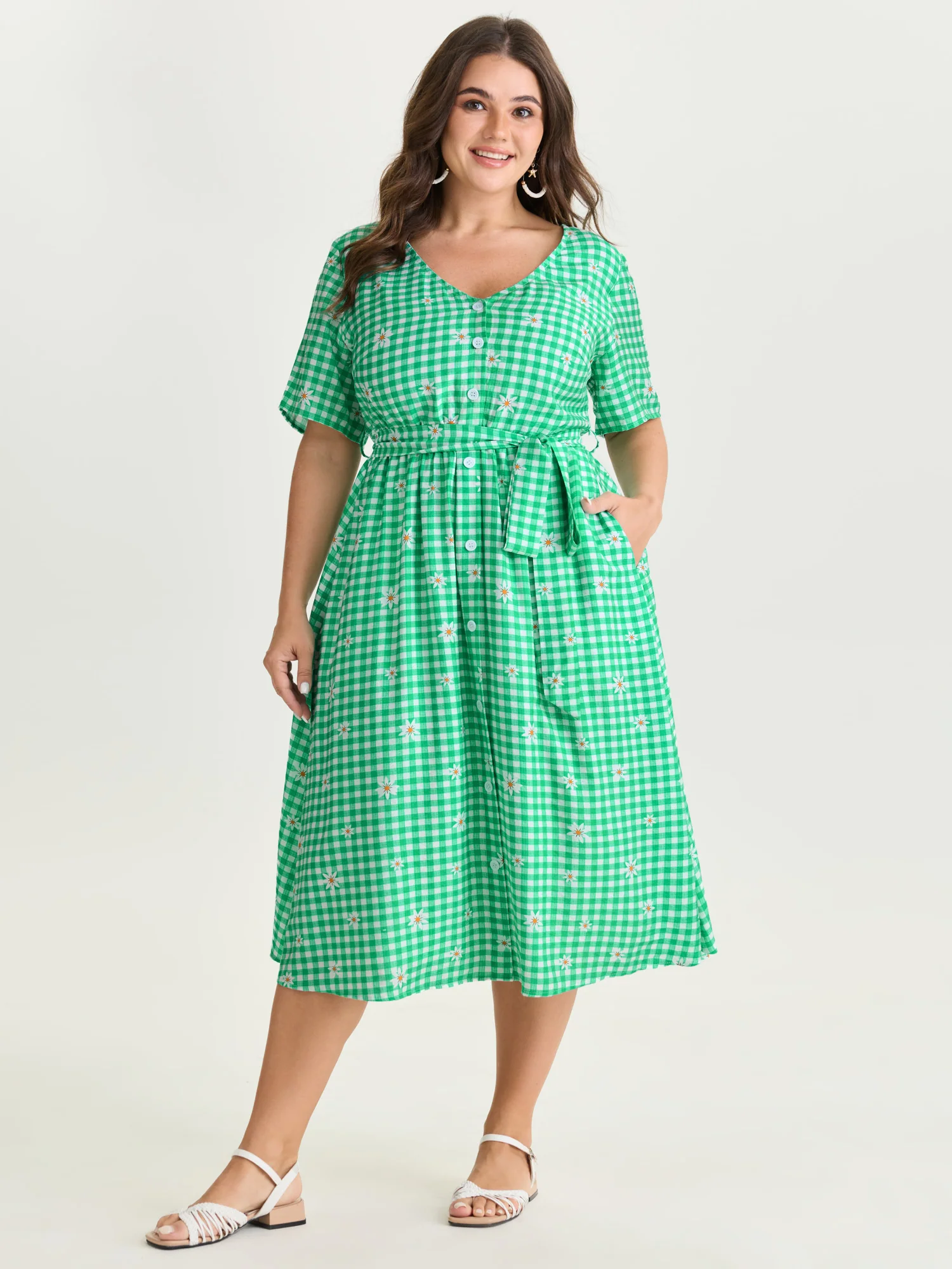 Floral Check Print Waist-Tie Midi Dress - Image 3
