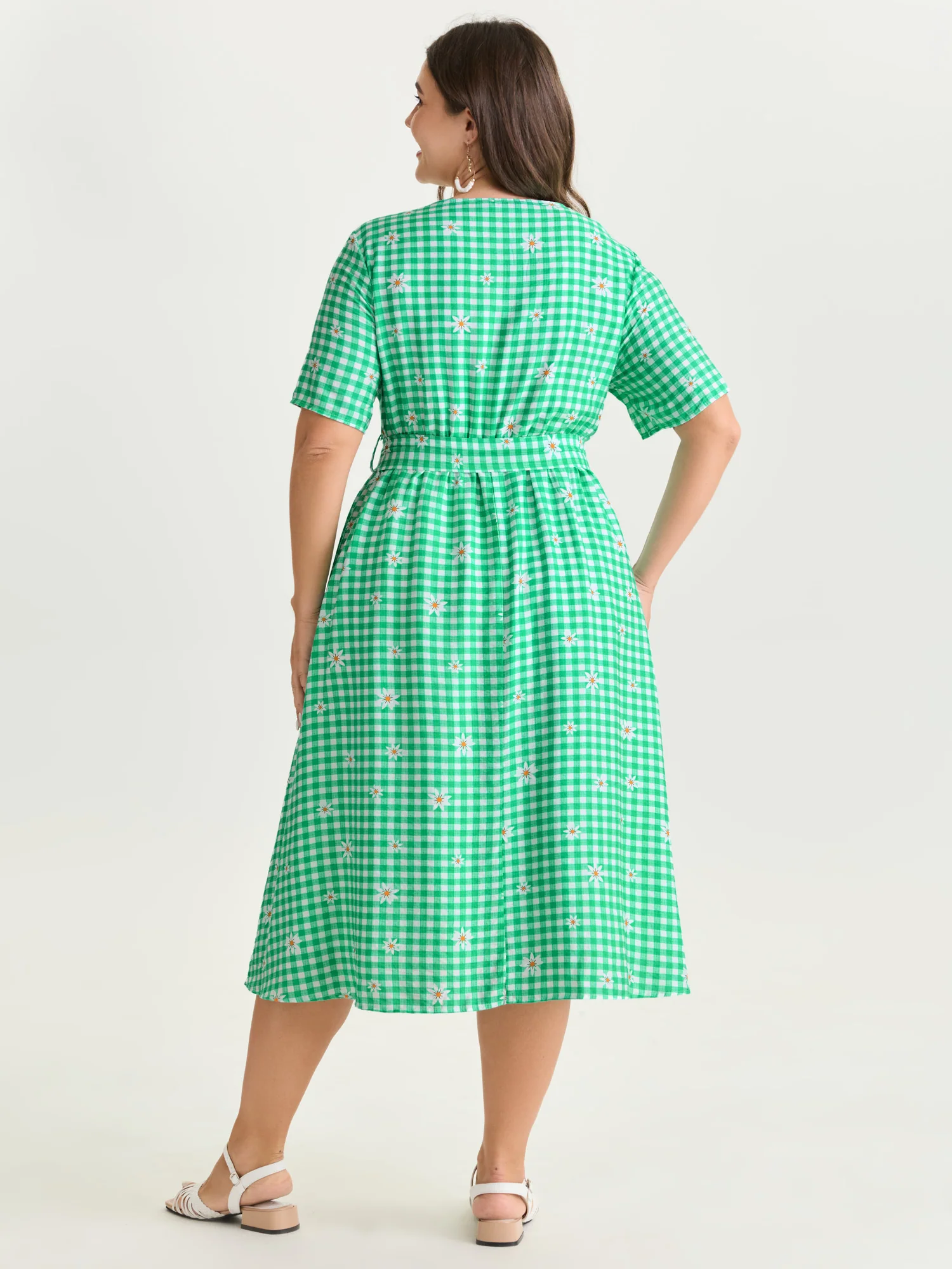 Floral Check Print Waist-Tie Midi Dress - Image 4