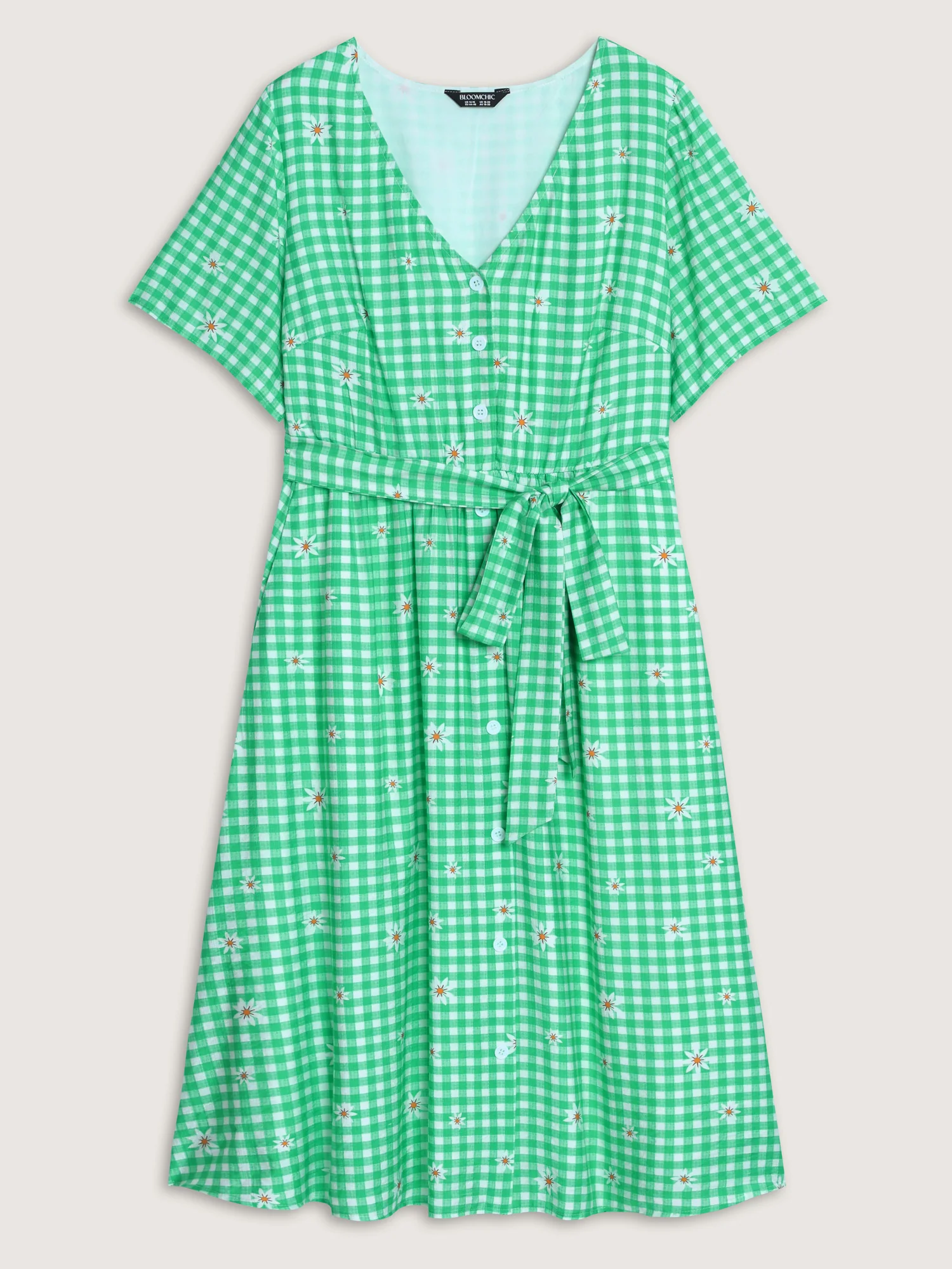 Floral Check Print Waist-Tie Midi Dress - Image 7