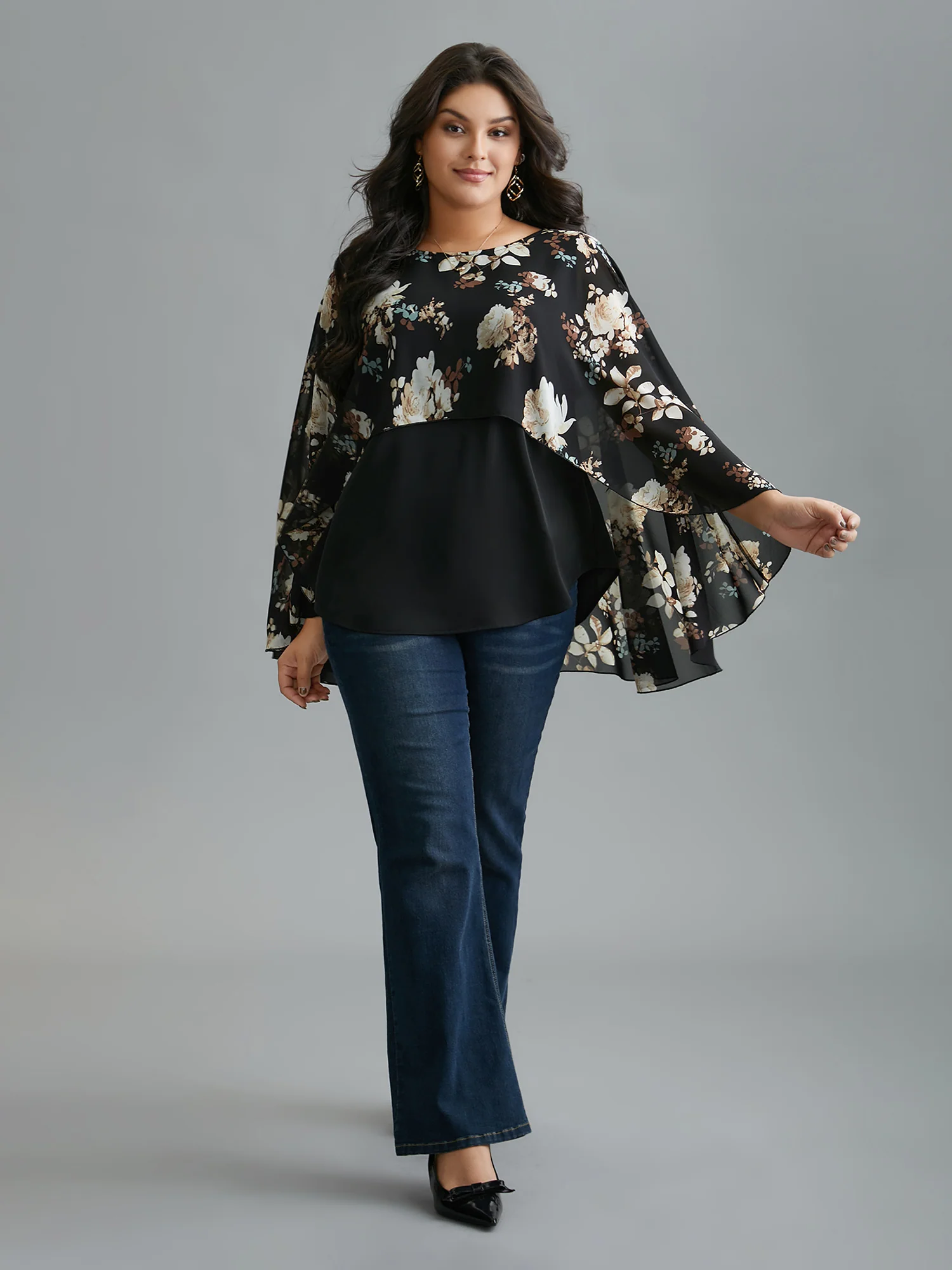 Floral Chiffon High Low Hem Ruffles Blouse - Image 2
