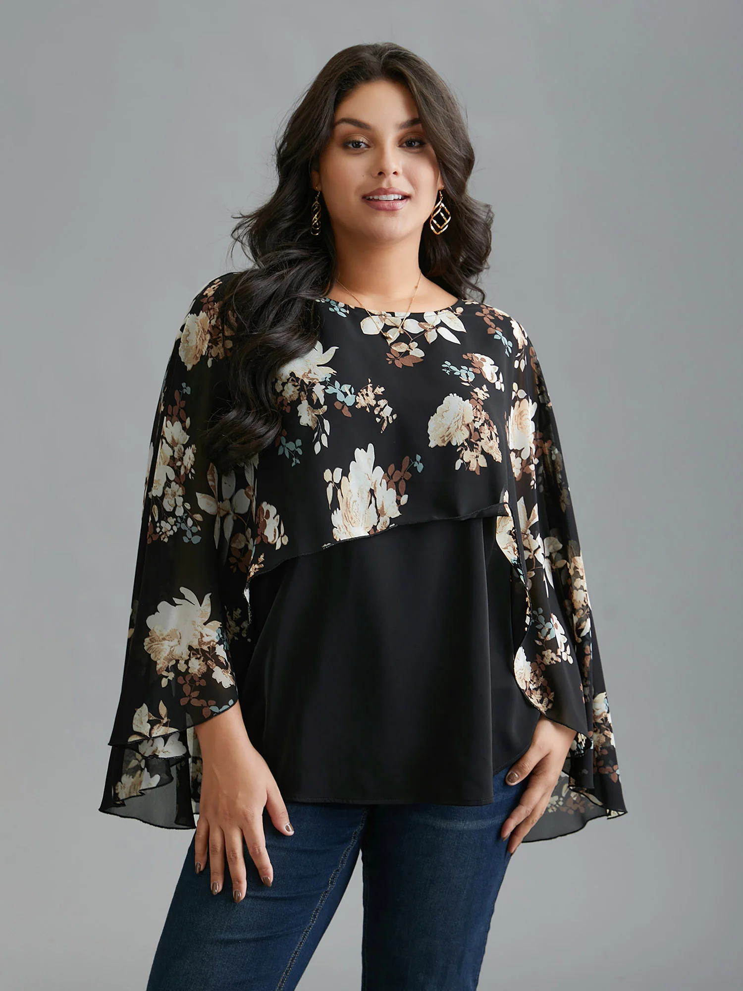 Floral Chiffon High Low Hem Ruffles Blouse - Image 3