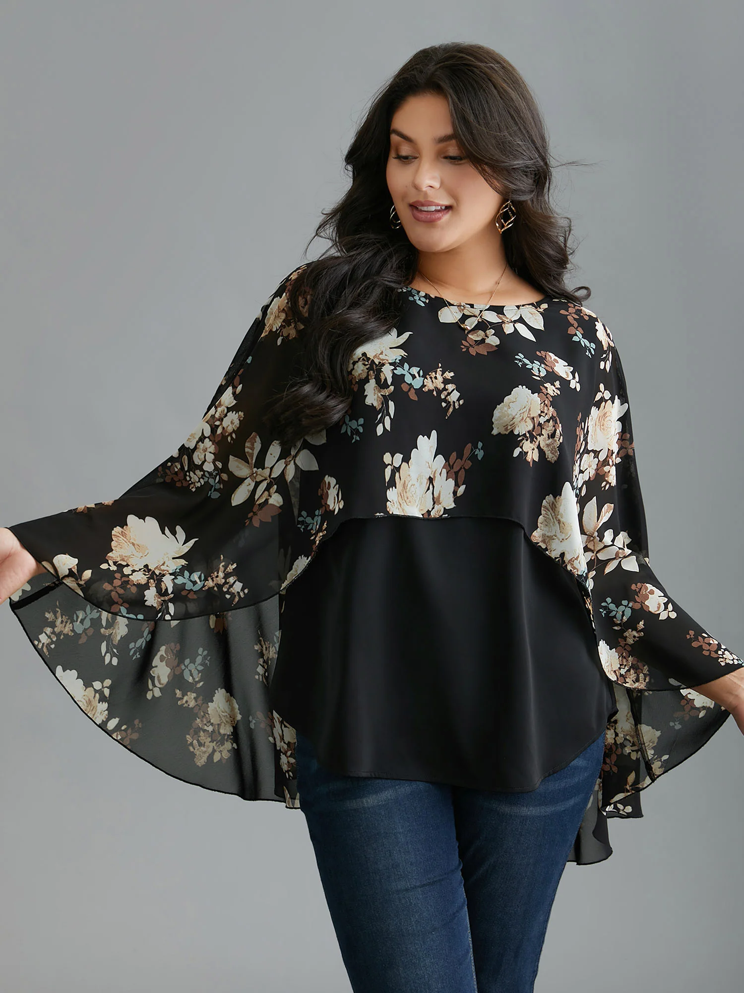 Floral Chiffon High Low Hem Ruffles Blouse - Image 4