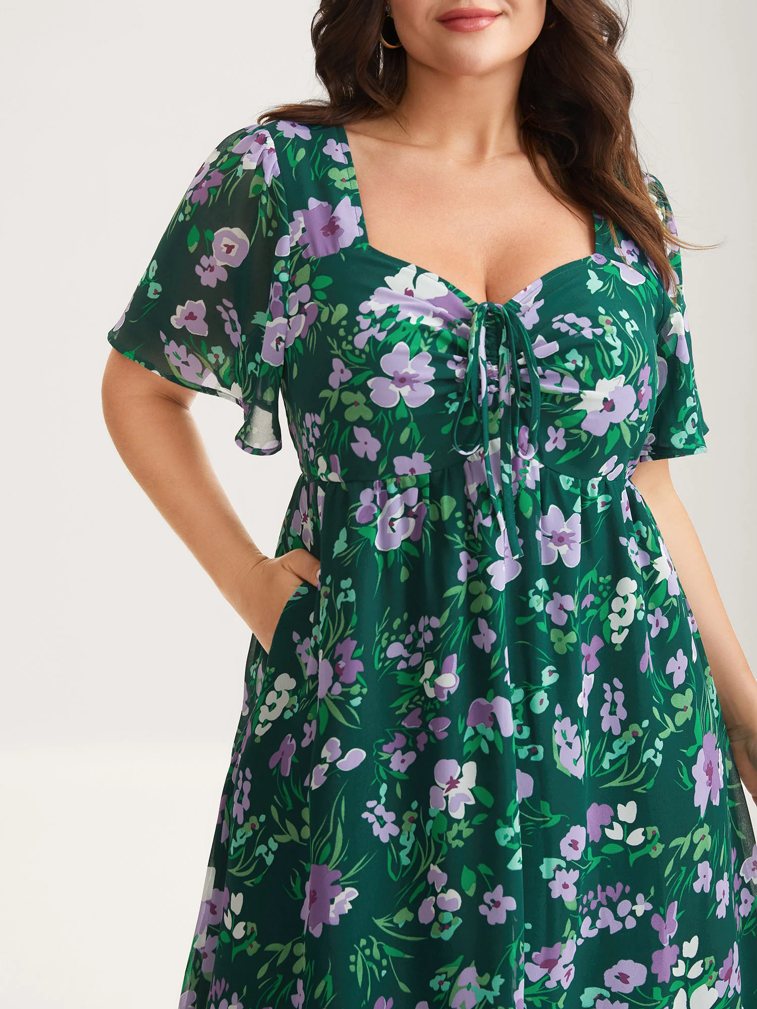 Floral Chiffon Ruched Drawstring Midi Dress - Image 2