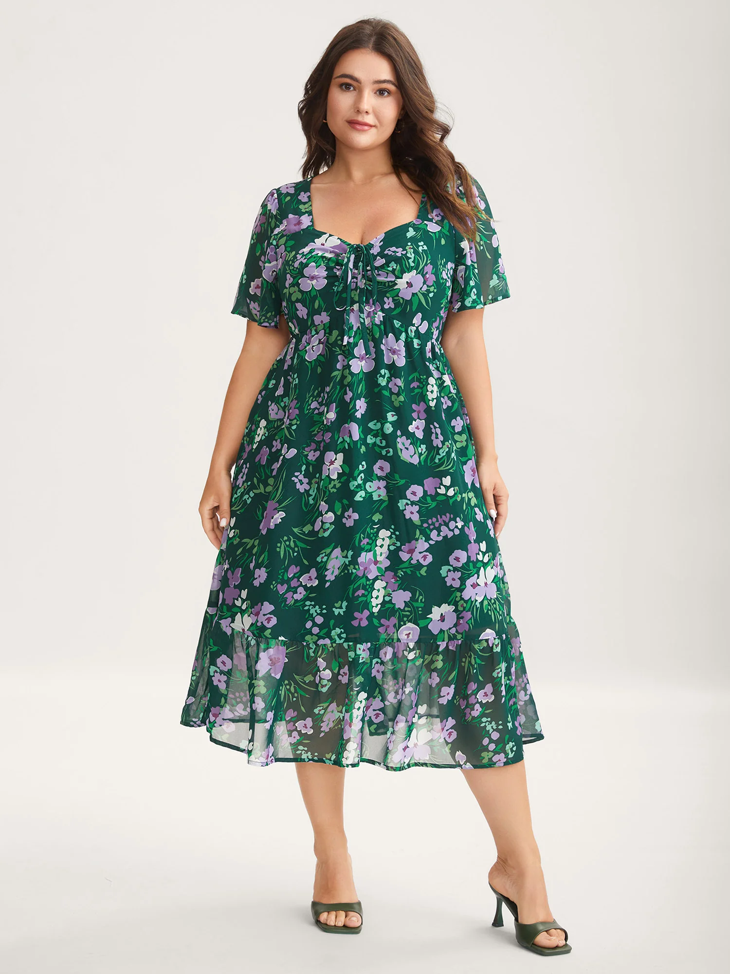 Floral Chiffon Ruched Drawstring Midi Dress - Image 3
