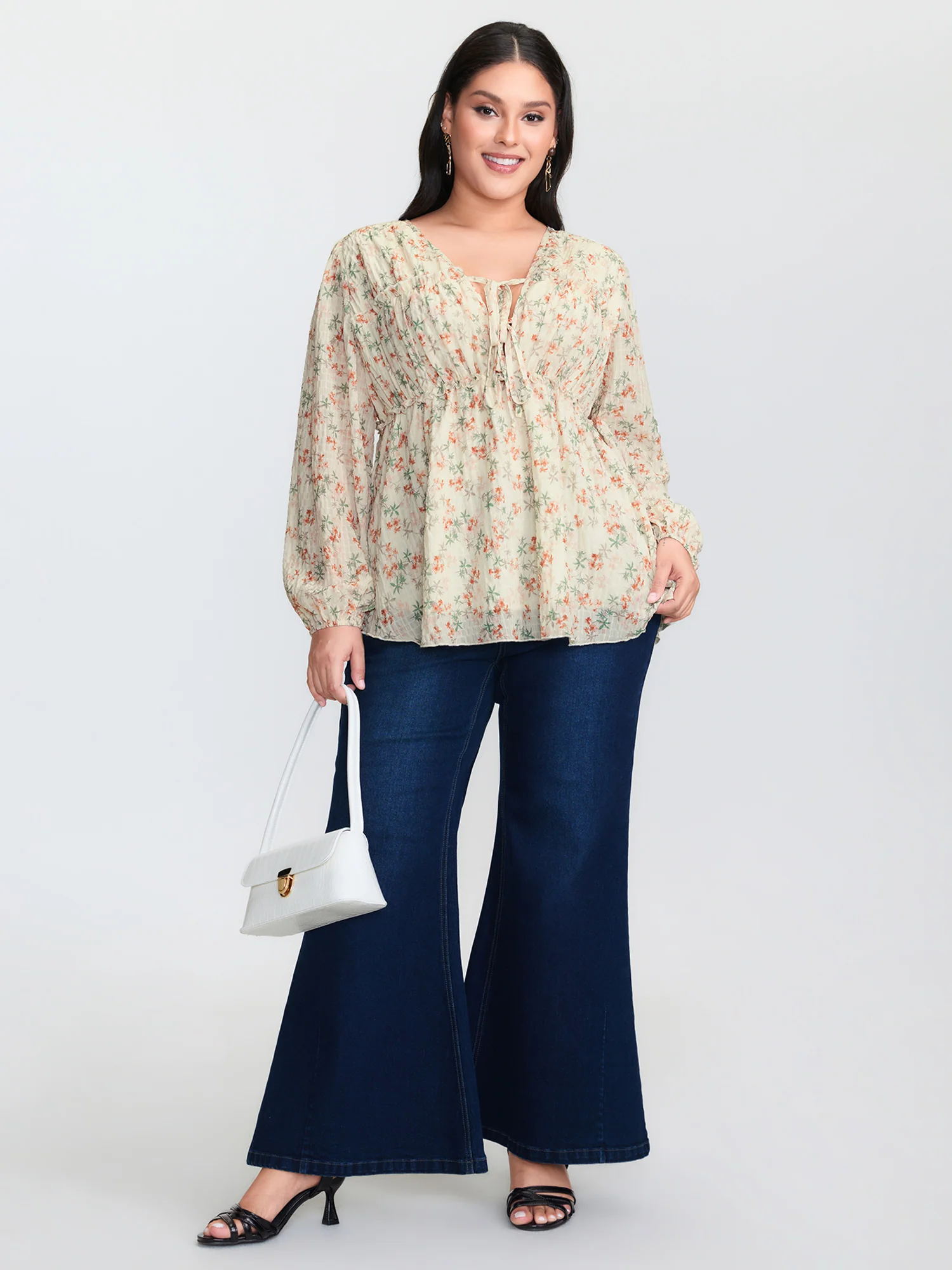 Floral Chiffon Ruffled Tie Front Blouse - Image 3