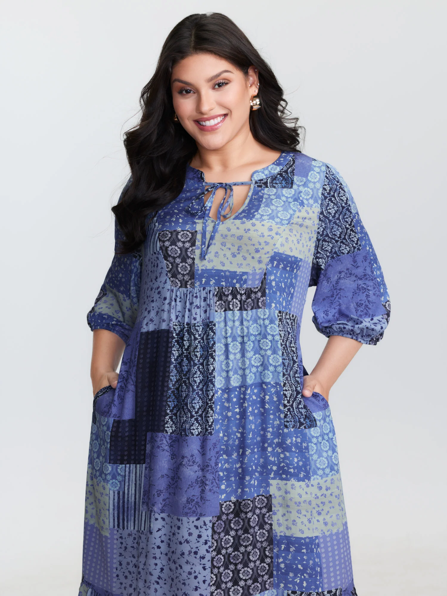 Floral Collage Pattern Drawstring Neckline Mini Dress - Image 2