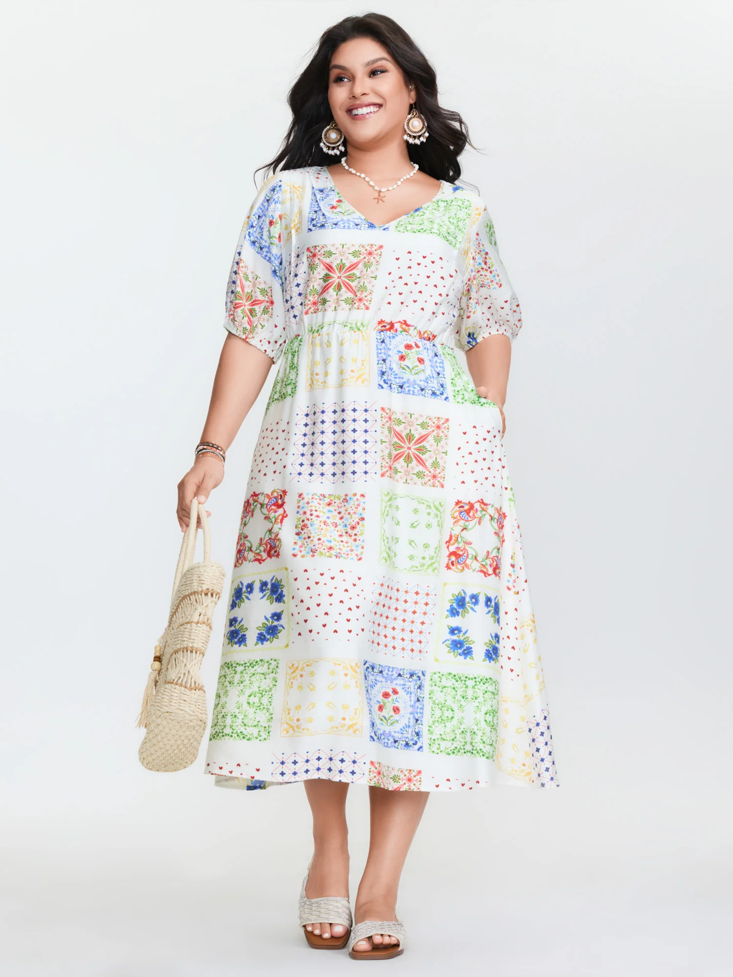 Floral Collage Pockets Stretchy Waist Midi Dress - Image 2