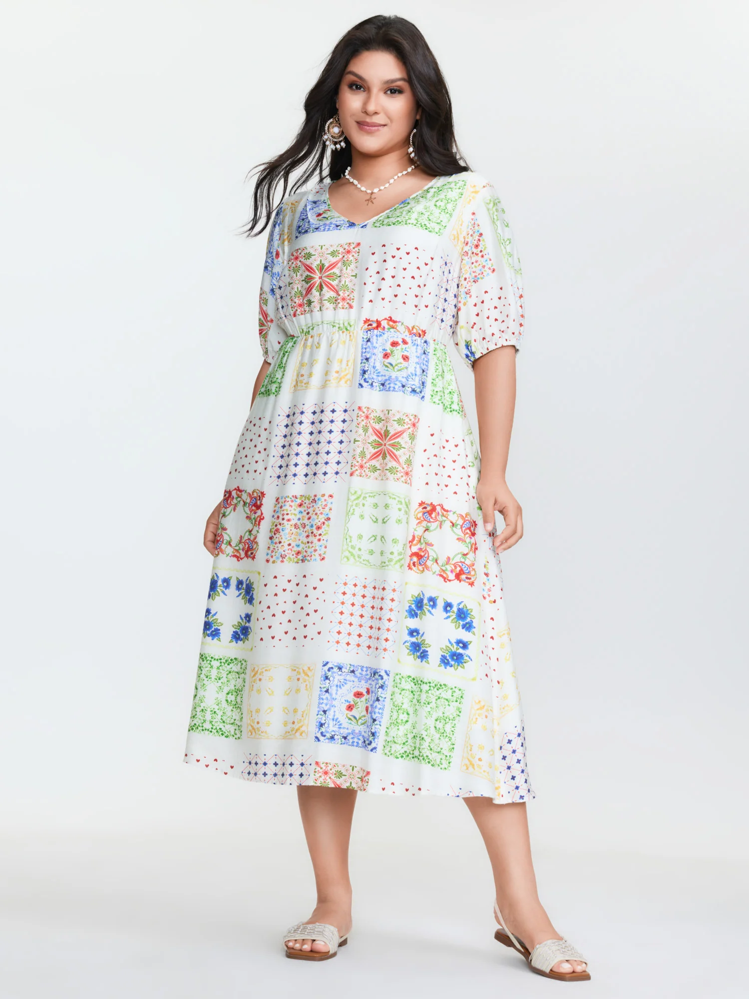 Floral Collage Pockets Stretchy Waist Midi Dress - Image 3