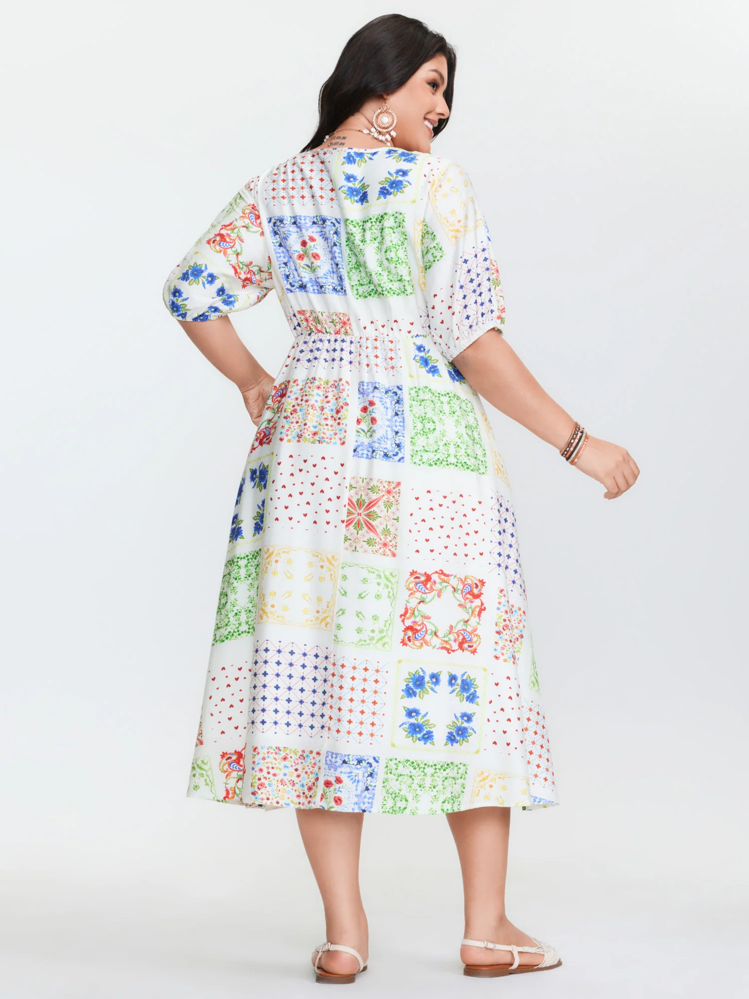 Floral Collage Pockets Stretchy Waist Midi Dress - Image 4