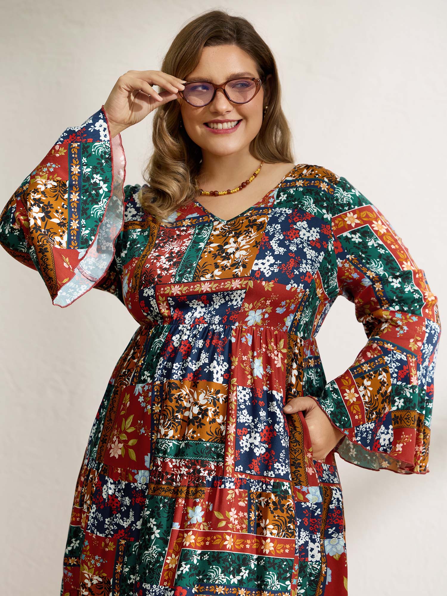 Floral Collage Print Deep V-Neck Midi Dress - Image 2
