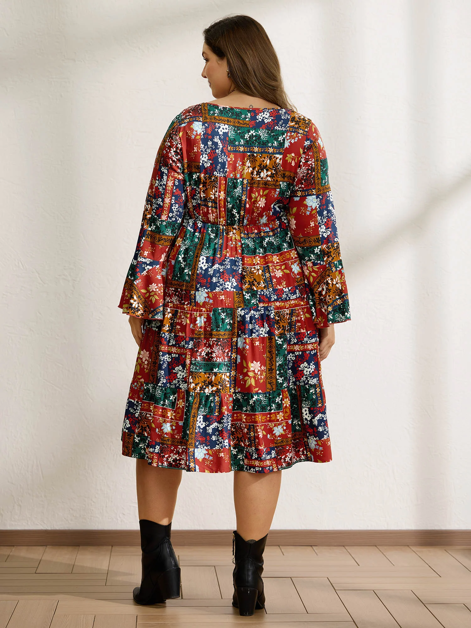Floral Collage Print Deep V-Neck Midi Dress - Image 4