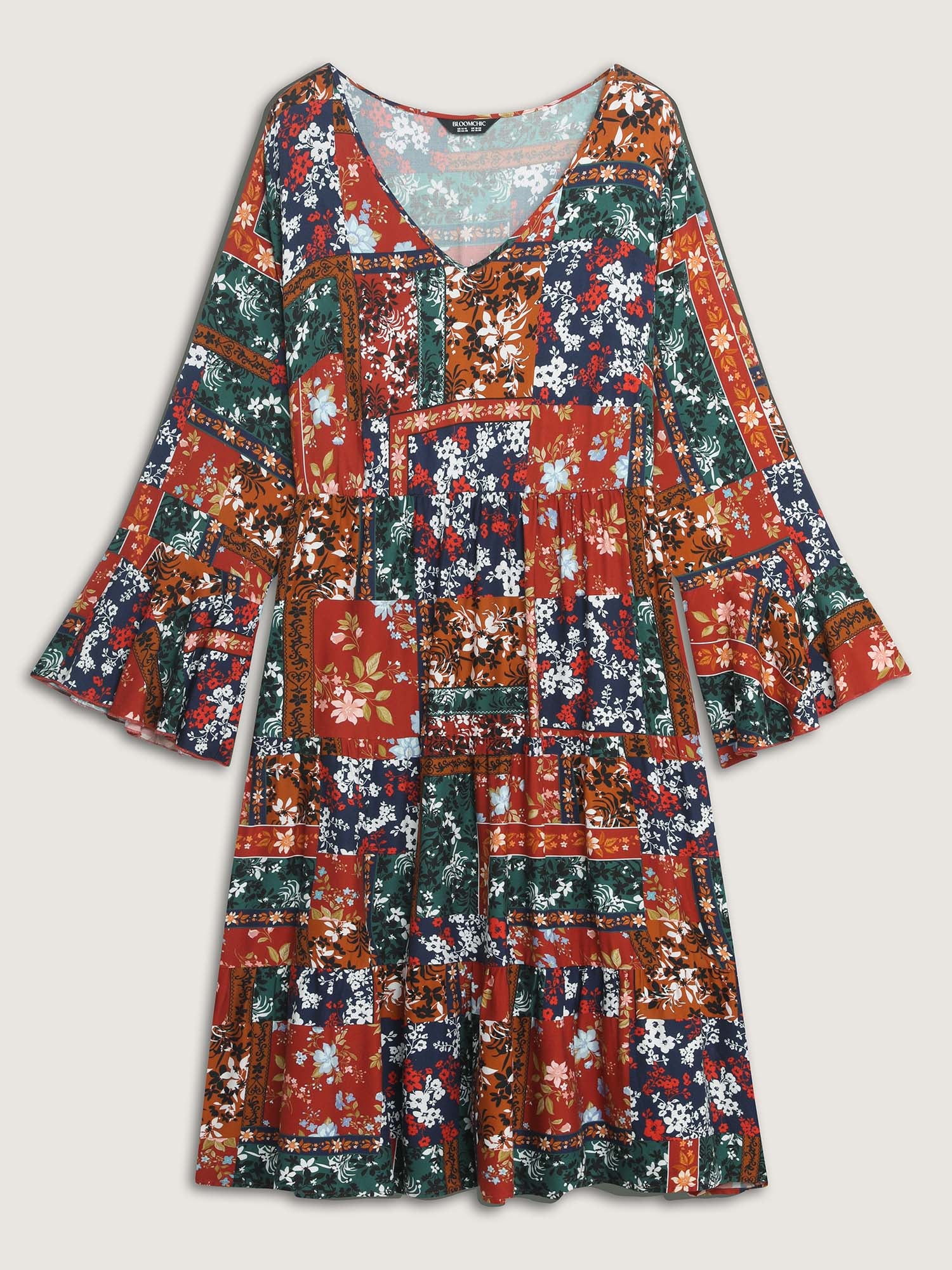 Floral Collage Print Deep V-Neck Midi Dress - Image 7
