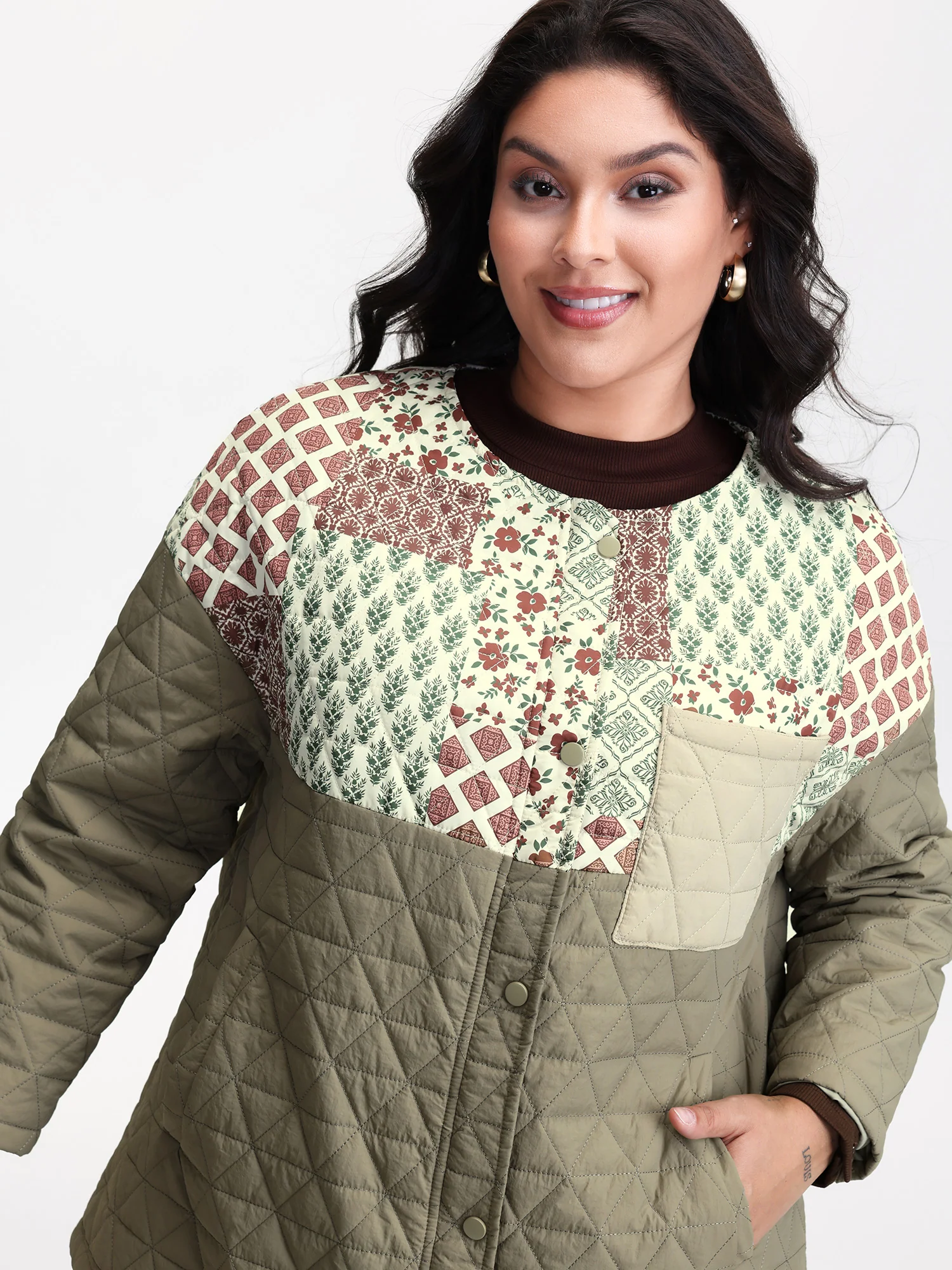 Floral Collage Print Pockets Quilted Jacket - Image 2