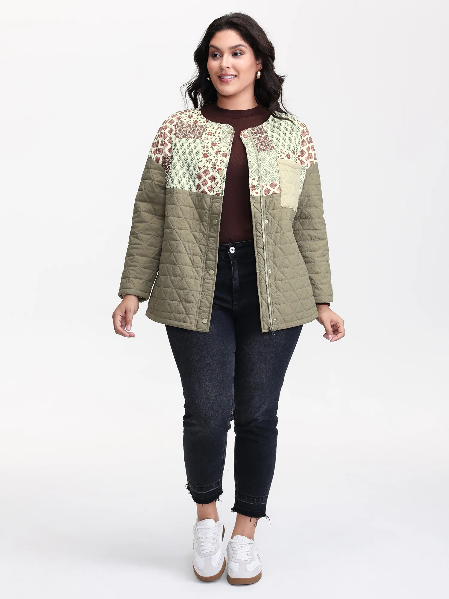Floral Collage Print Pockets Quilted Jacket - Image 3
