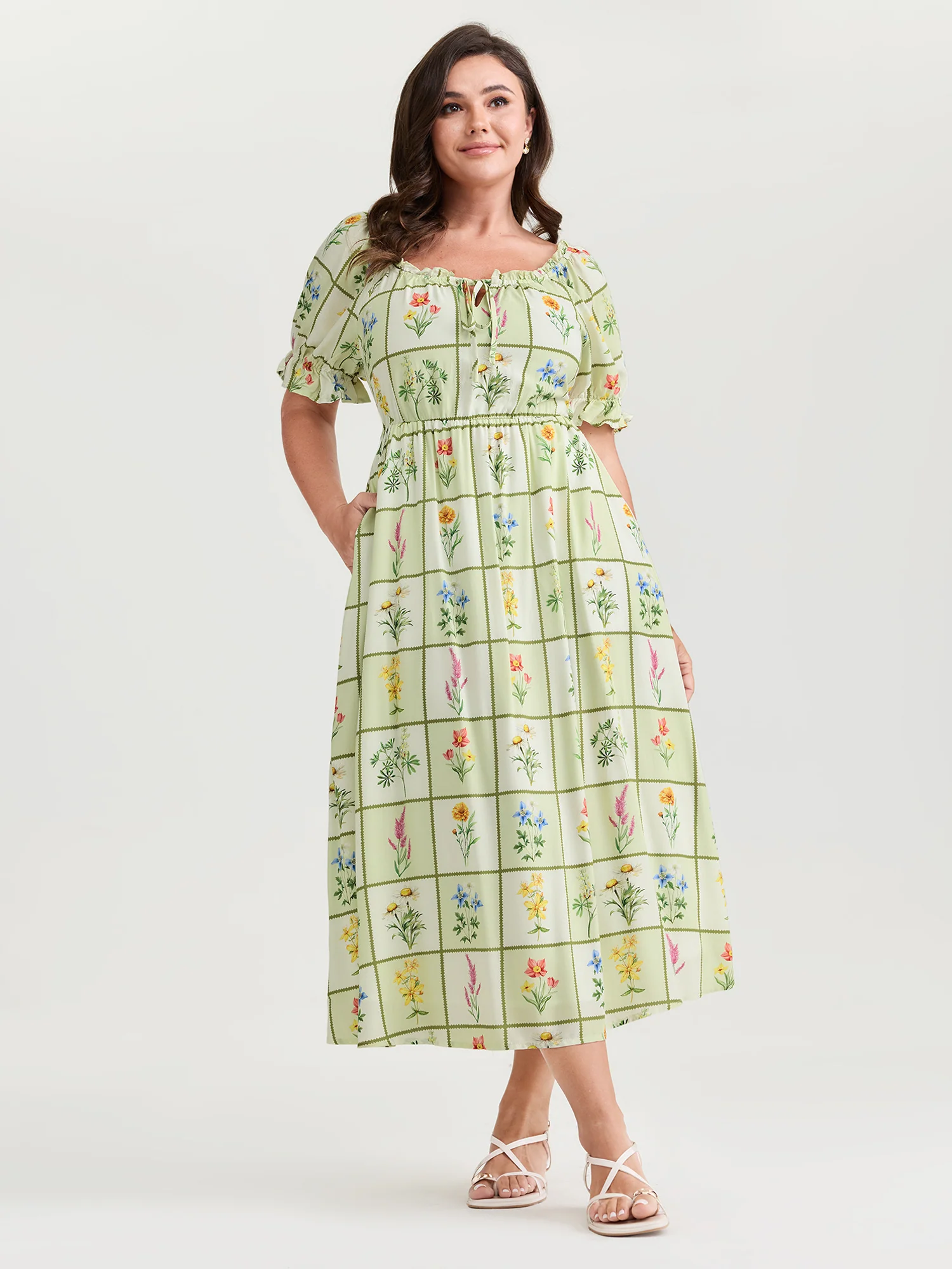 Floral Collage Print Ruffled Neckline Midi Dress - Image 3
