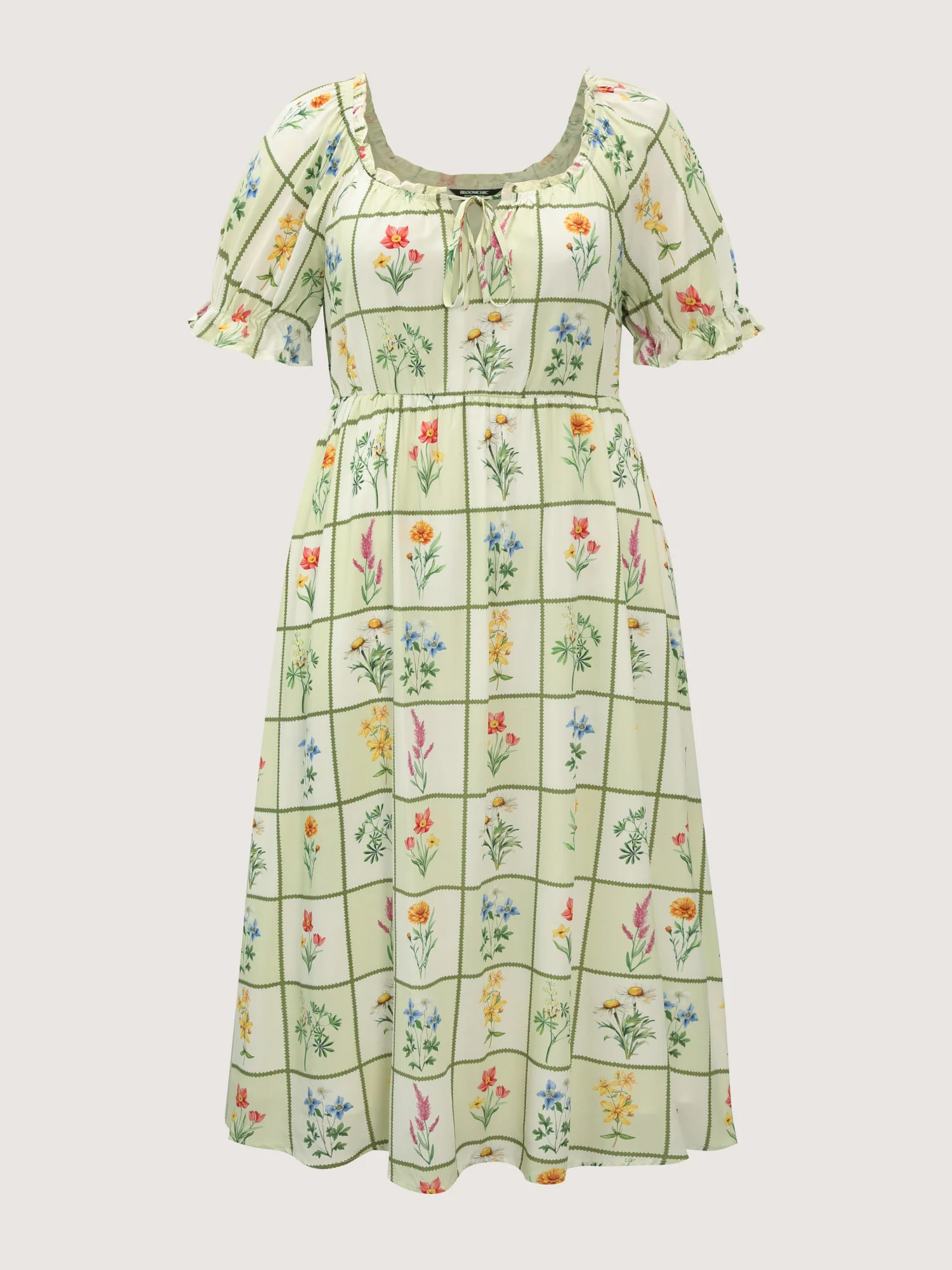 Floral Collage Print Ruffled Neckline Midi Dress - Image 7