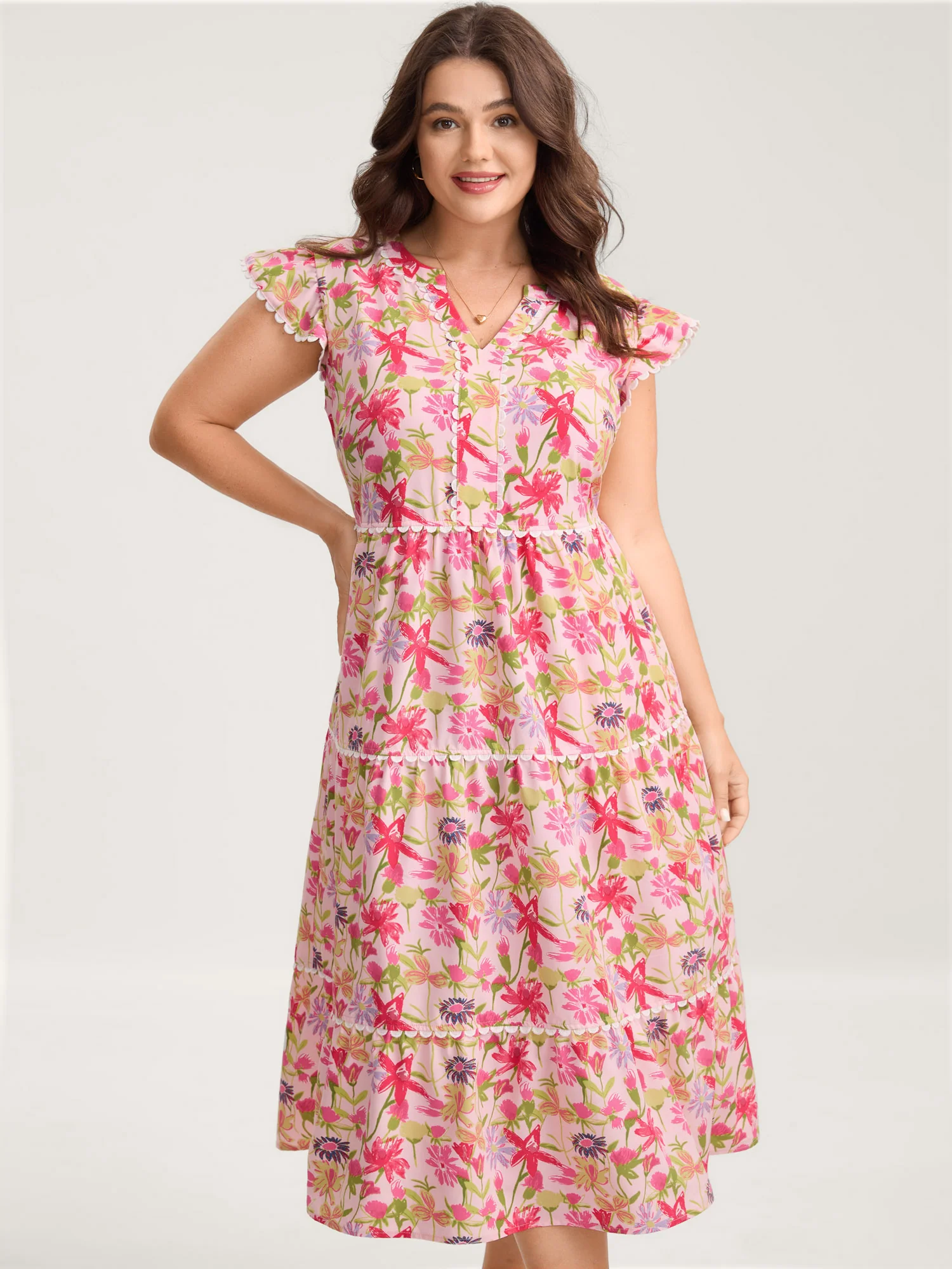 Floral Color Block Lace Trim Midi Dress - Image 2
