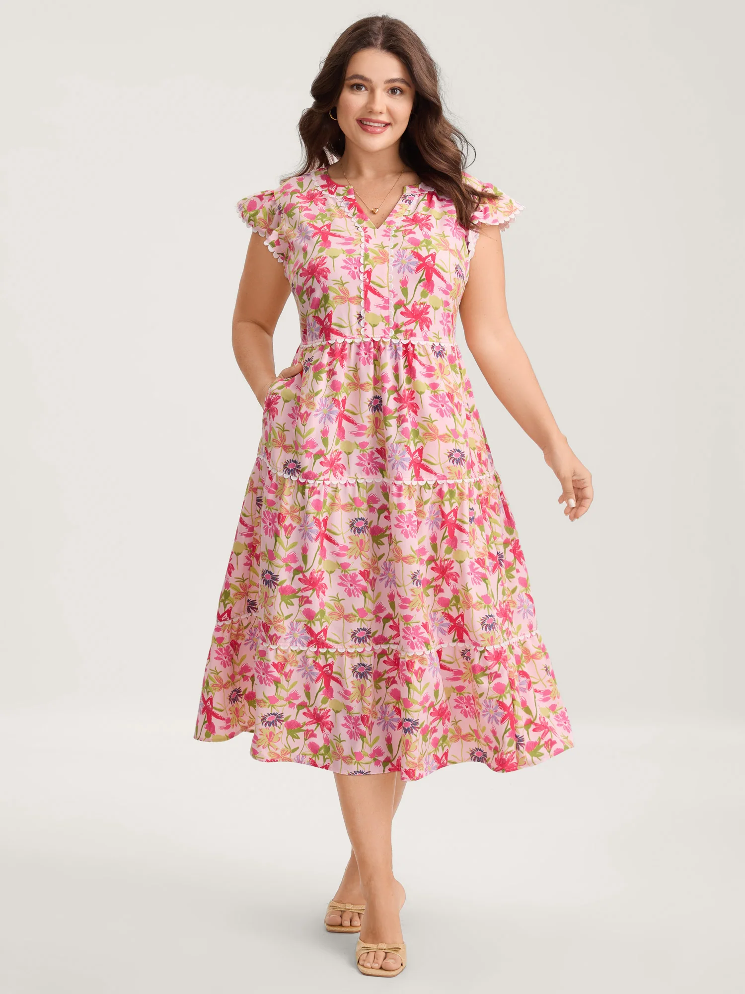 Floral Color Block Lace Trim Midi Dress - Image 3