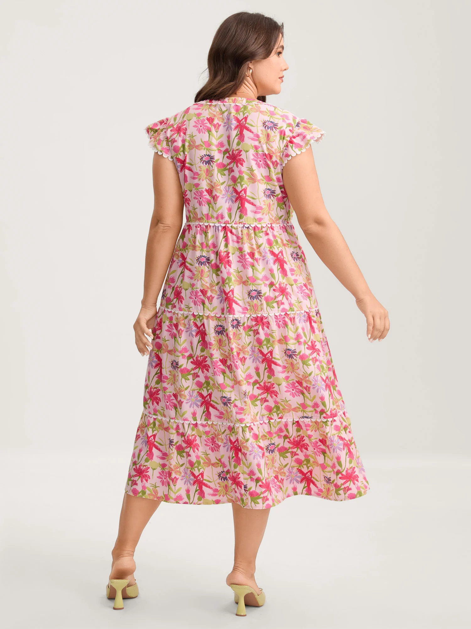 Floral Color Block Lace Trim Midi Dress - Image 4