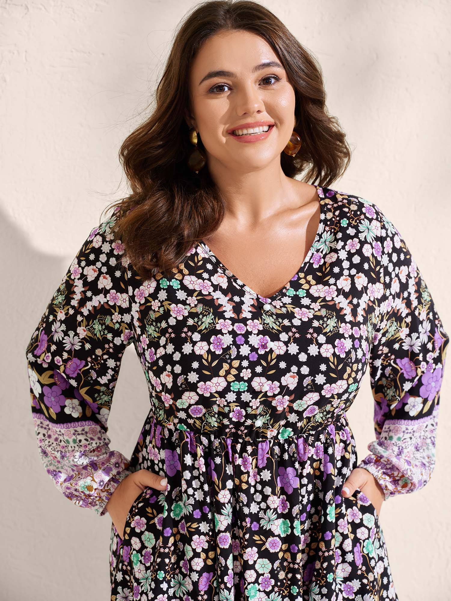 Floral Color Contrast Elastic Cuff Midi Dress - Image 2