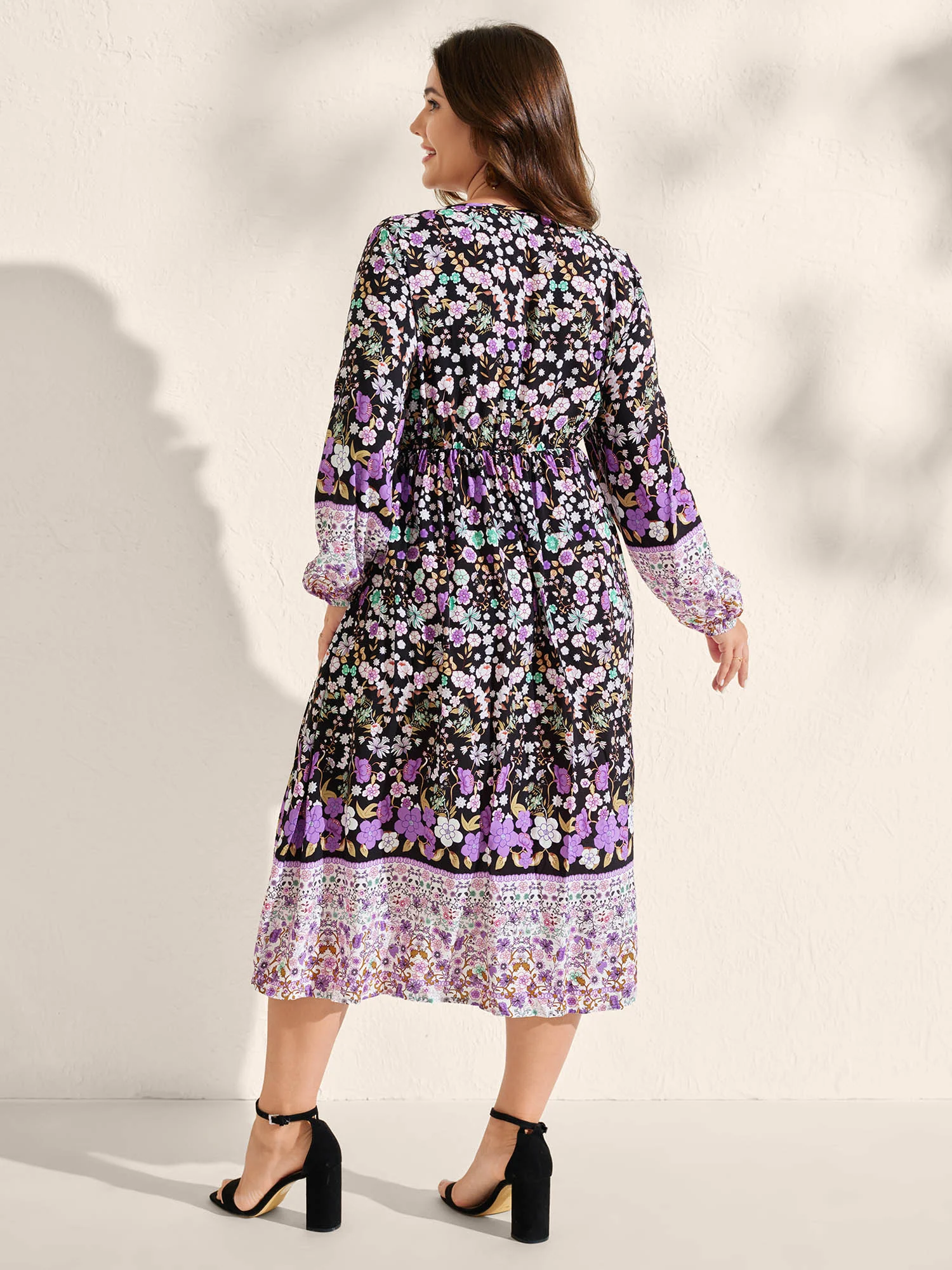 Floral Color Contrast Elastic Cuff Midi Dress - Image 4