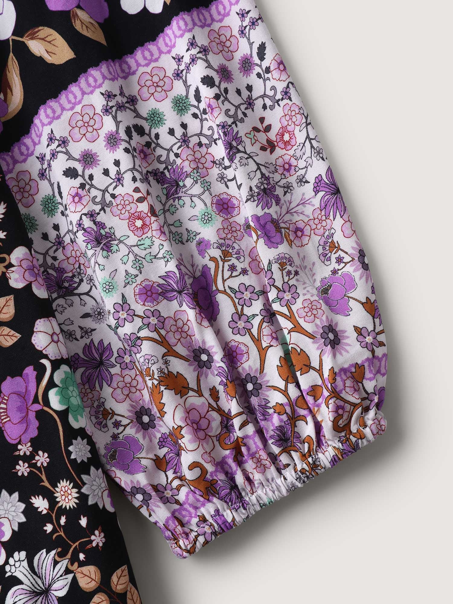 Floral Color Contrast Elastic Cuff Midi Dress - Image 6