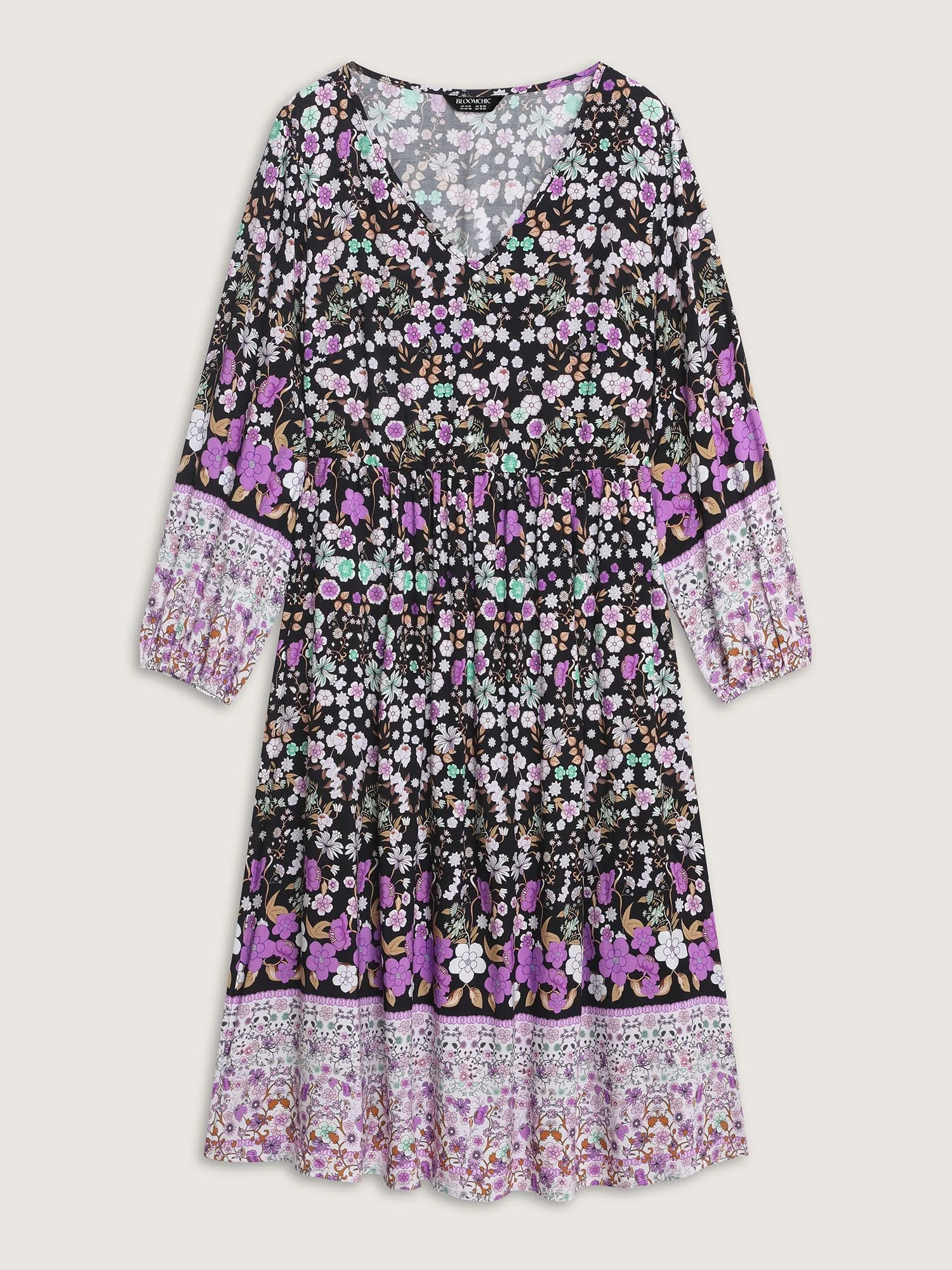 Floral Color Contrast Elastic Cuff Midi Dress - Image 7