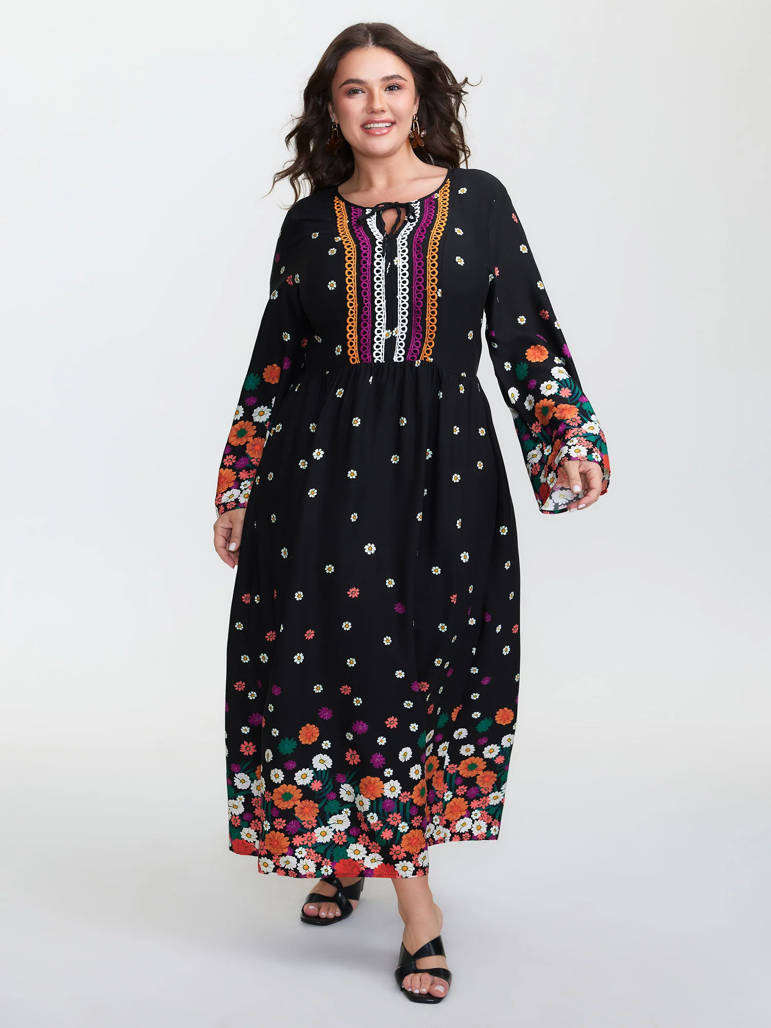 Floral Color Contrast Flared Sleeve Maxi Dress - Image 3