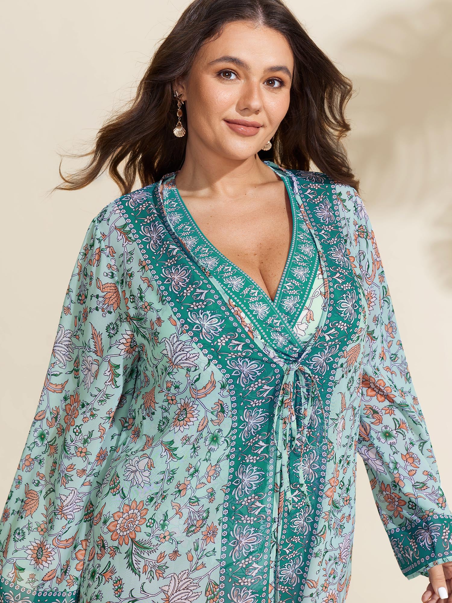 Floral Color Contrast Front-Tie Swim Cover-Up - Image 4
