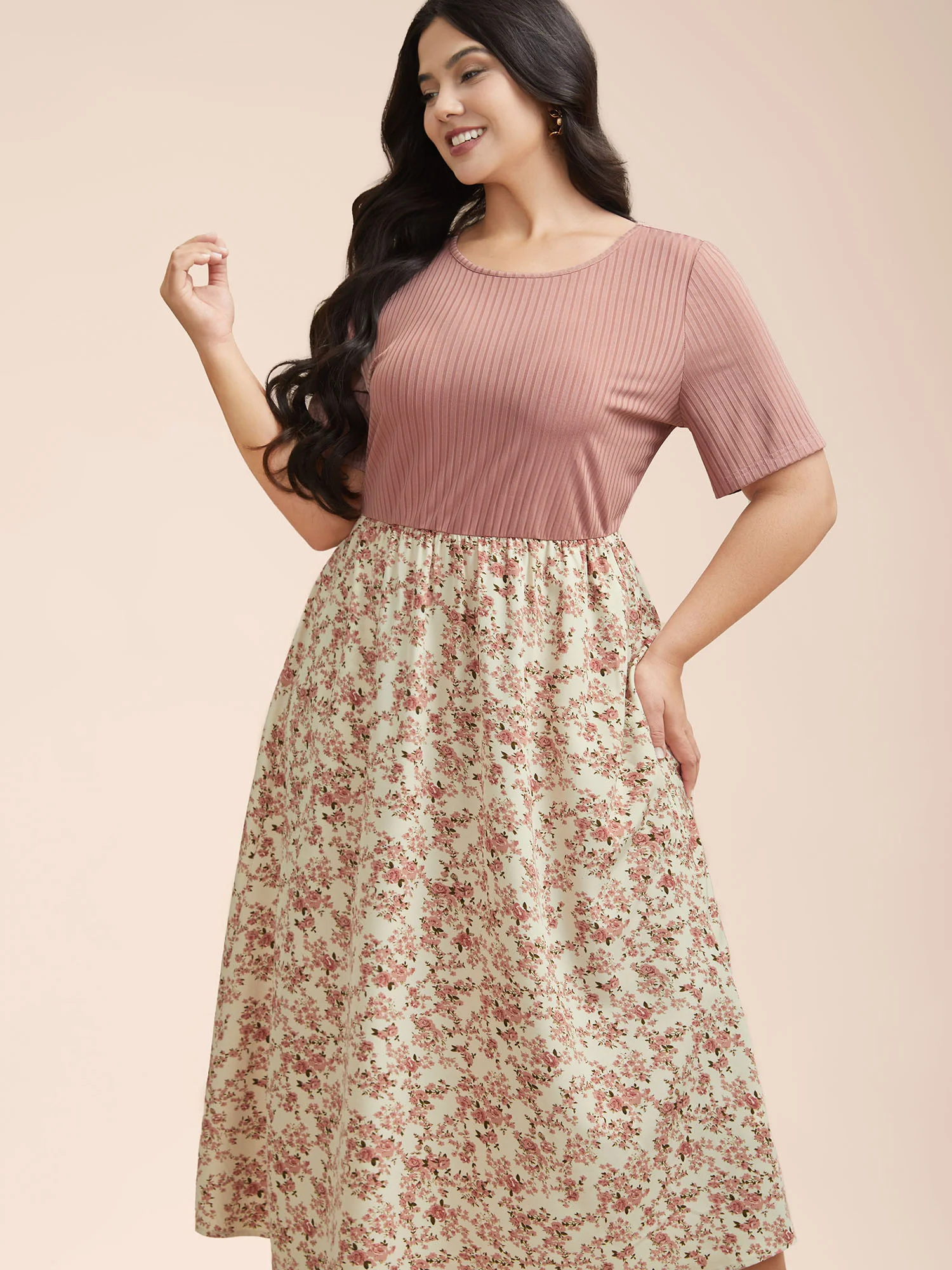 Floral Color Contrast Ribbed Pockets Midi Dress - Image 2