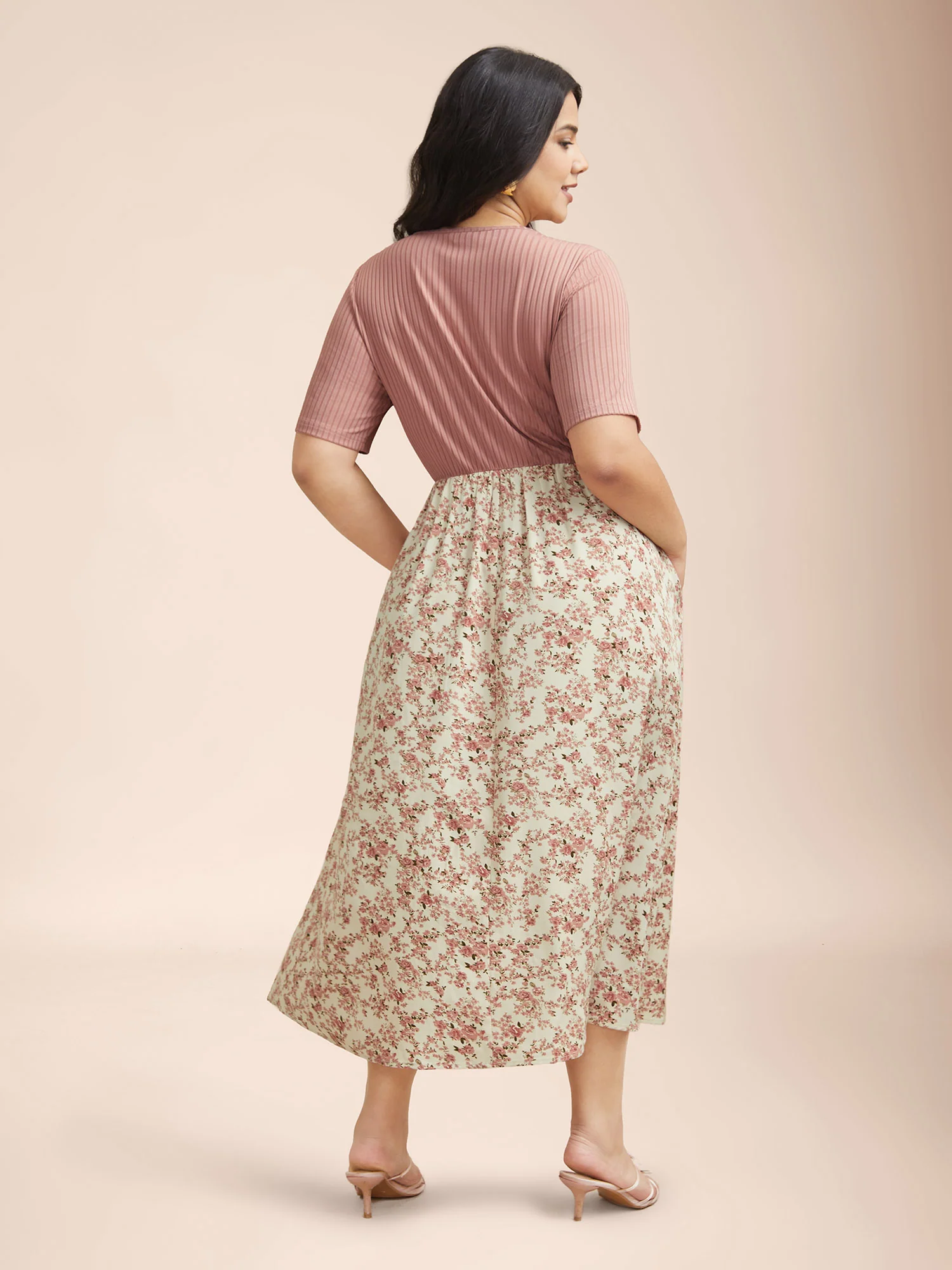 Floral Color Contrast Ribbed Pockets Midi Dress - Image 4