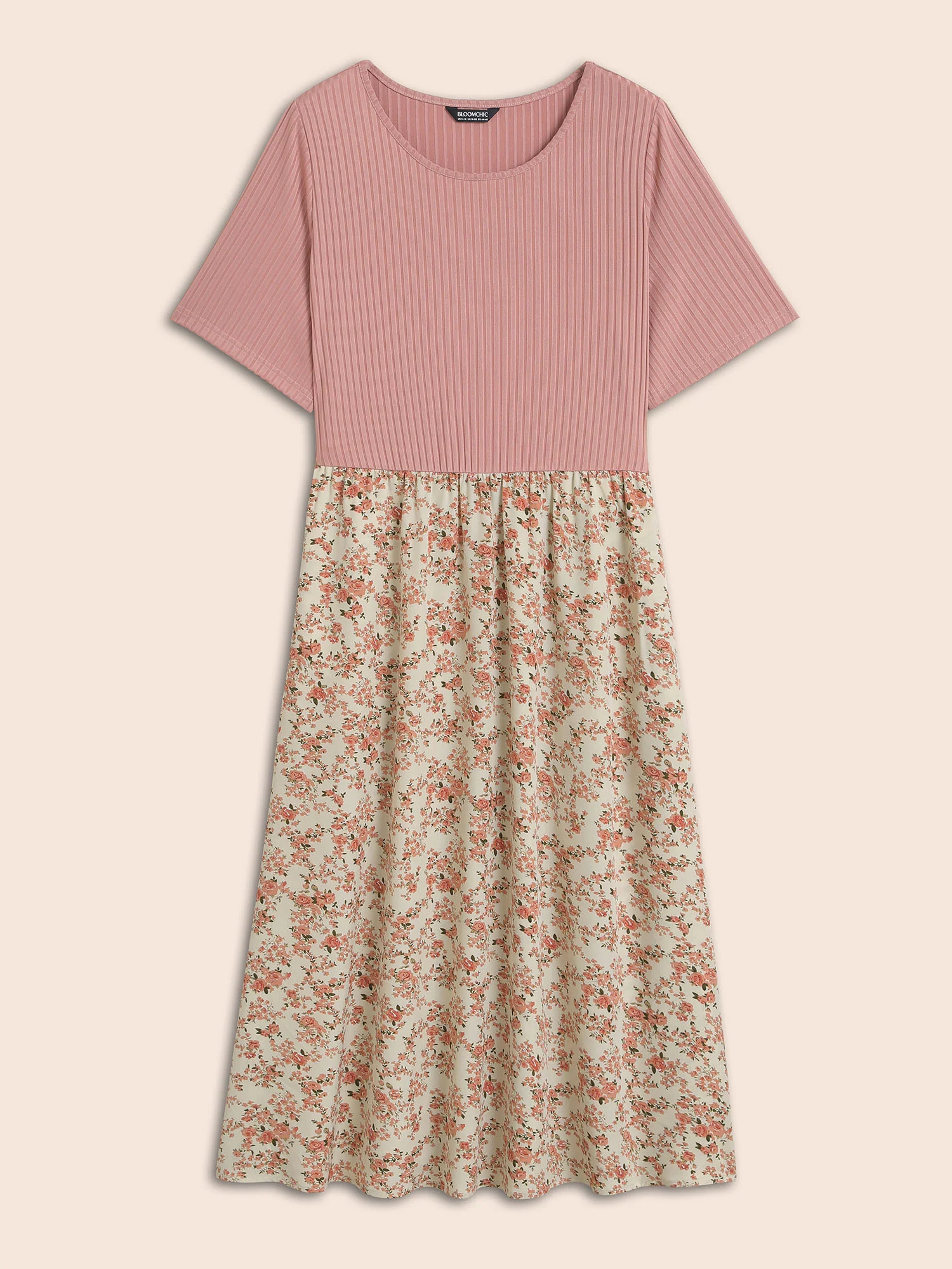 Floral Color Contrast Ribbed Pockets Midi Dress - Image 7