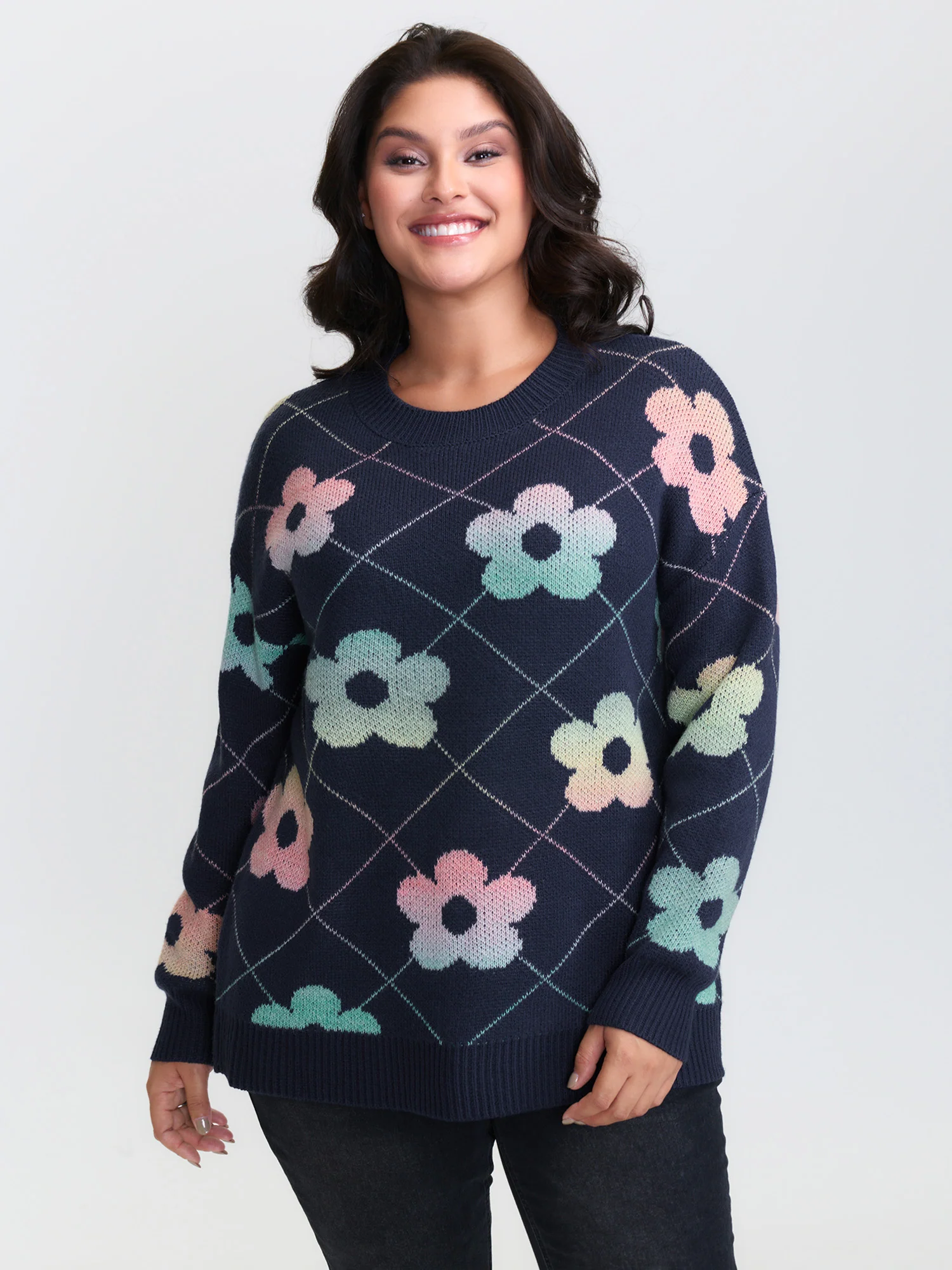 Floral Color Gradient Round Neck Pullover - Image 2