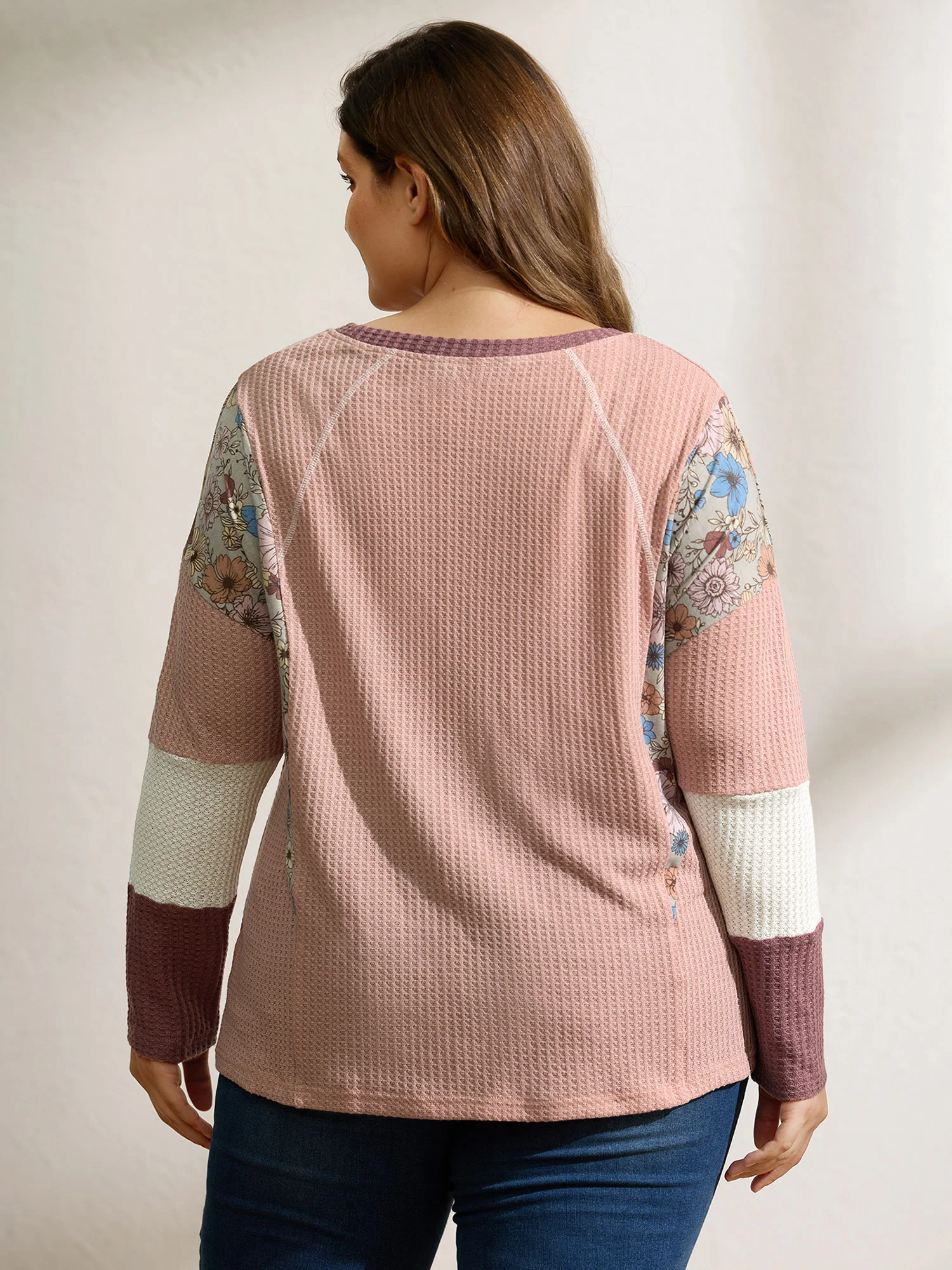 Floral Colorblock Waffle Round Neck Sweatshirt - Image 5