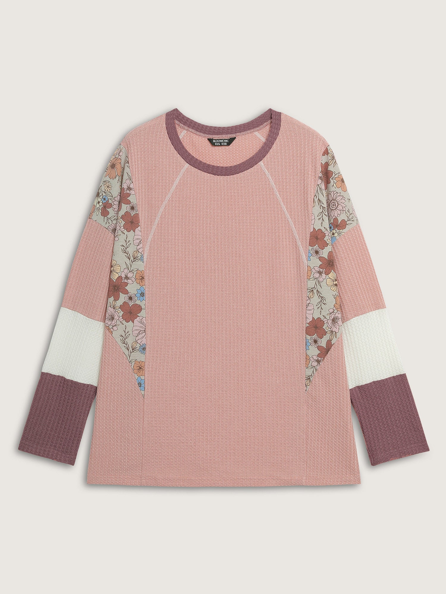 Floral Colorblock Waffle Round Neck Sweatshirt - Image 8