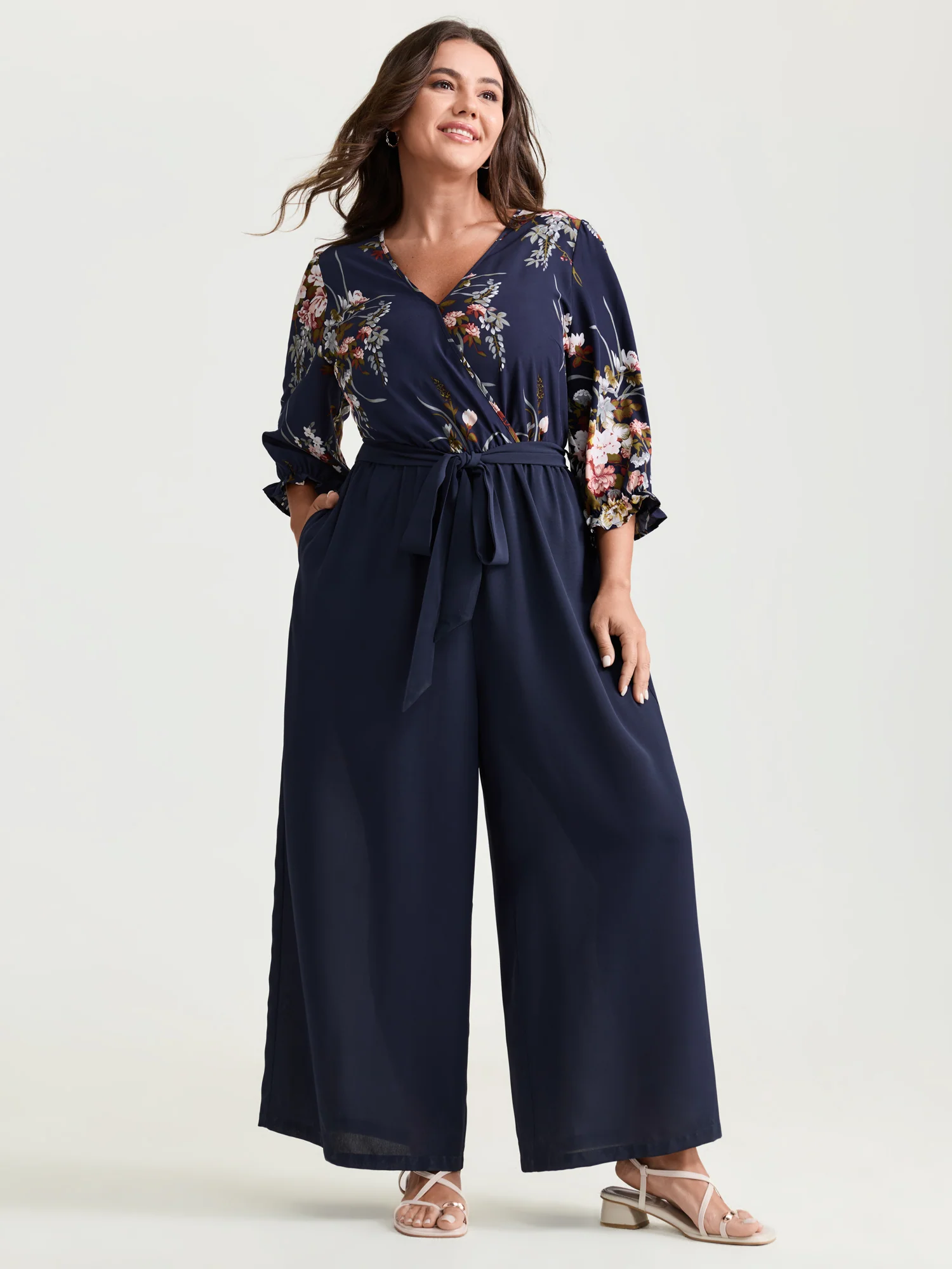 Floral Contrast Belted Wide-Leg Jumpsuit - Image 8