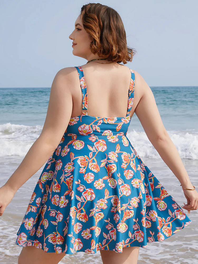 Floral Contrast Crossover Front Ruffles Adjustable Straps Swim Dress - Image 2