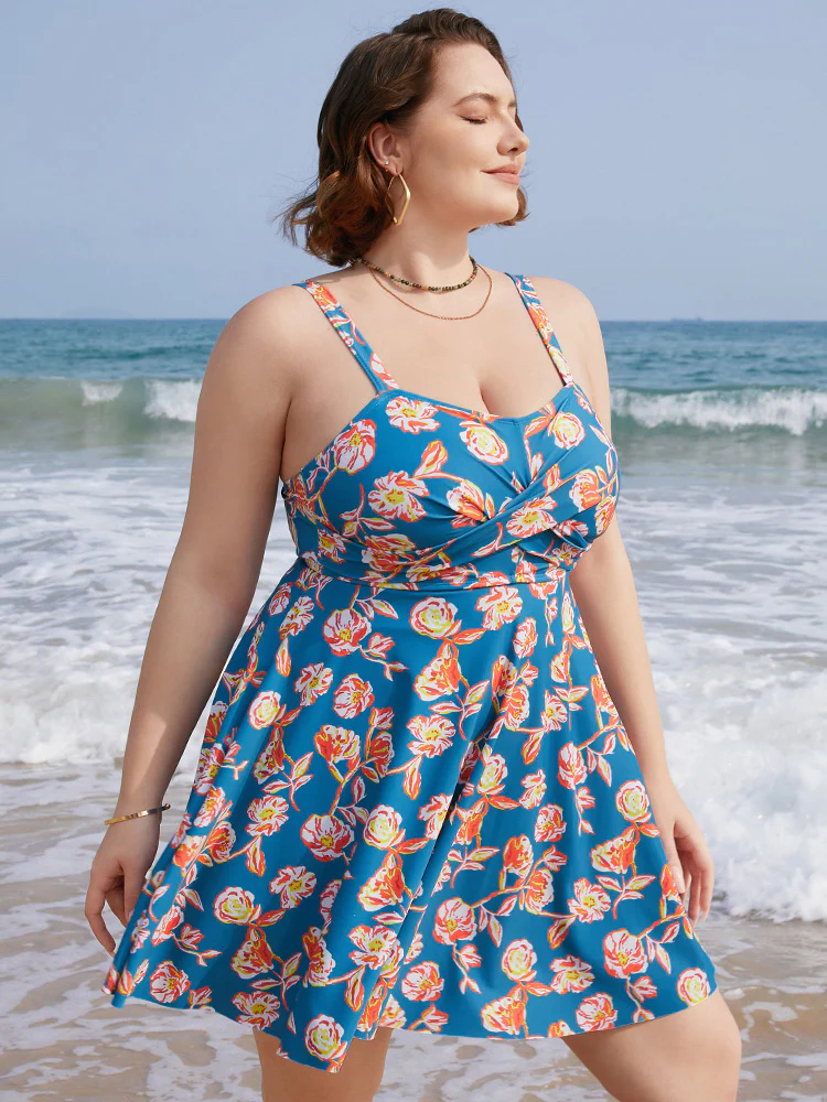 Floral Contrast Crossover Front Ruffles Adjustable Straps Swim Dress - Image 3