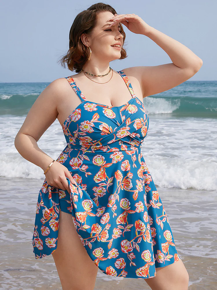 Floral Contrast Crossover Front Ruffles Adjustable Straps Swim Dress - Image 5
