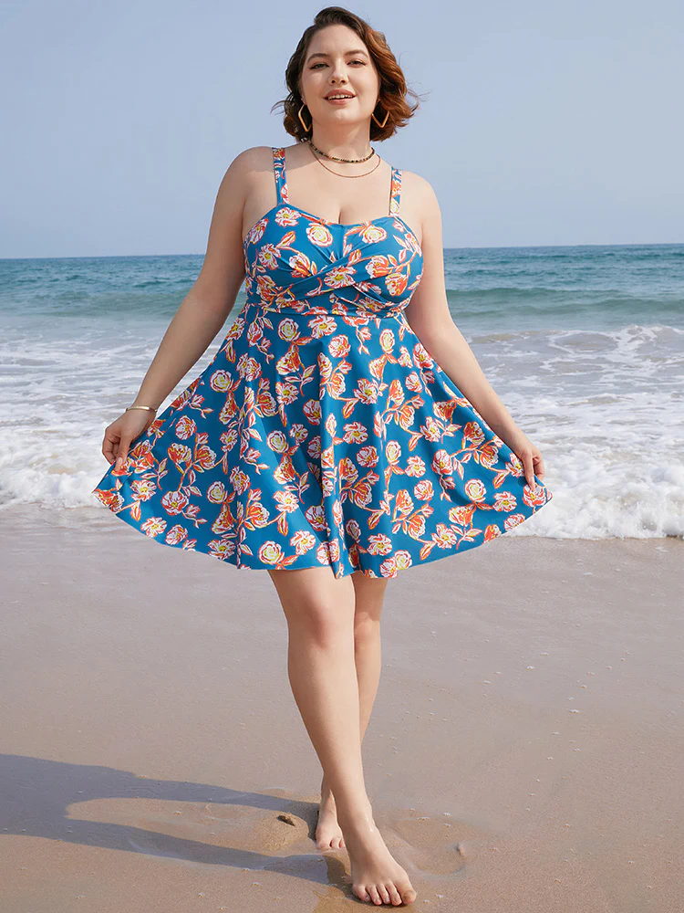 Floral Contrast Crossover Front Ruffles Adjustable Straps Swim Dress - Image 6